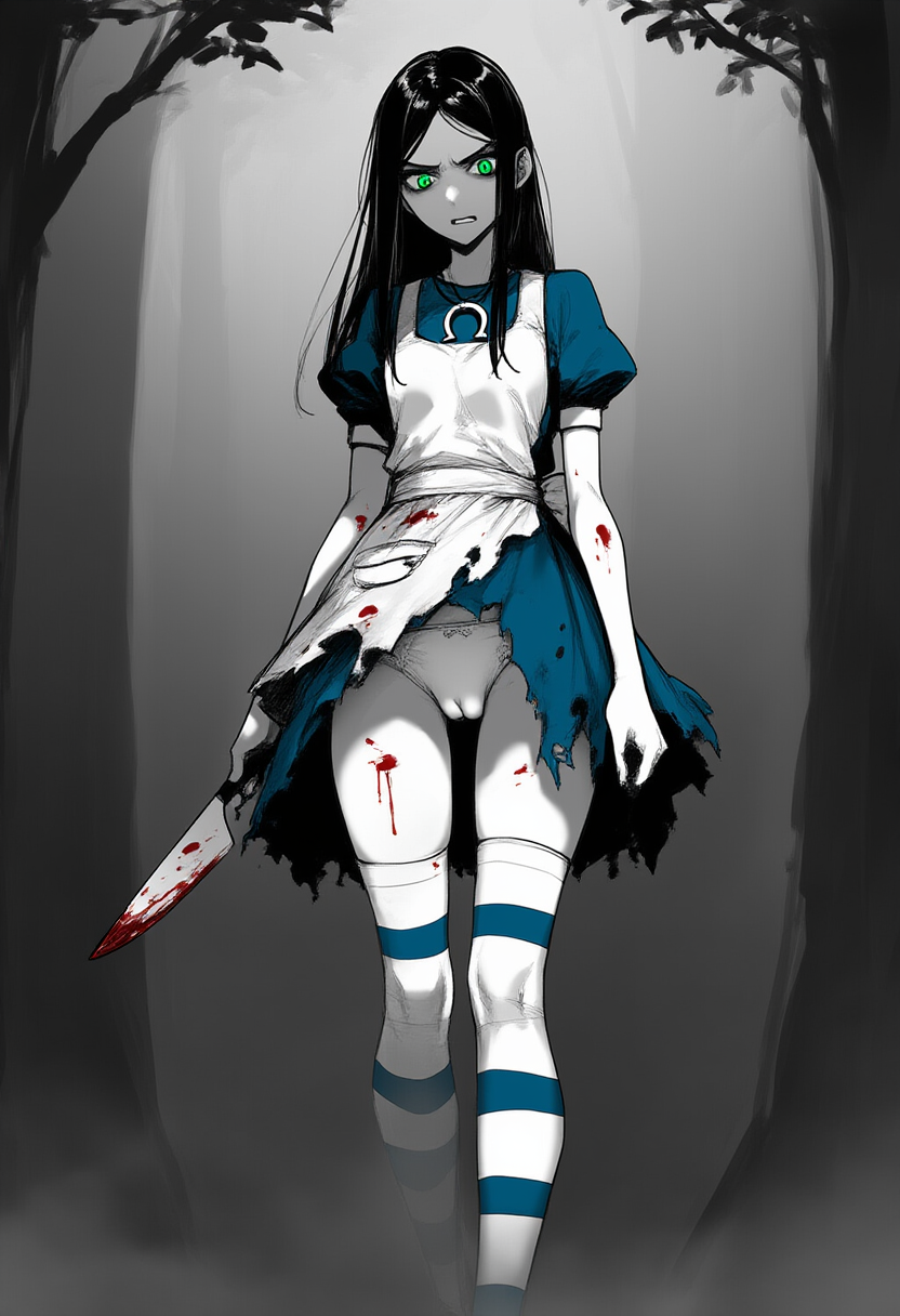 ai_generated alice_in_wonderland alice_liddell alice_madness_returns american_mcgee's_alice black_hair blood blood_splatter blue_dress cameltoe cookie-girl fog forest green_eyes knife long_hair thighhighs torn_clothes white_panties