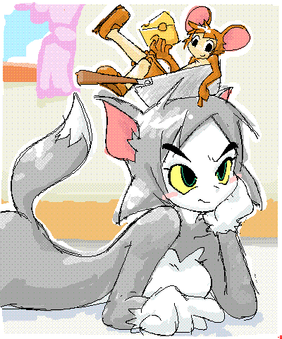 1boy 1girls animal_ears animal_tail blush cute female genderswap_(mtf) jerry_mouse male minimalist minus8 mtf_transformation rule_63 tom_and_jerry tom_cat