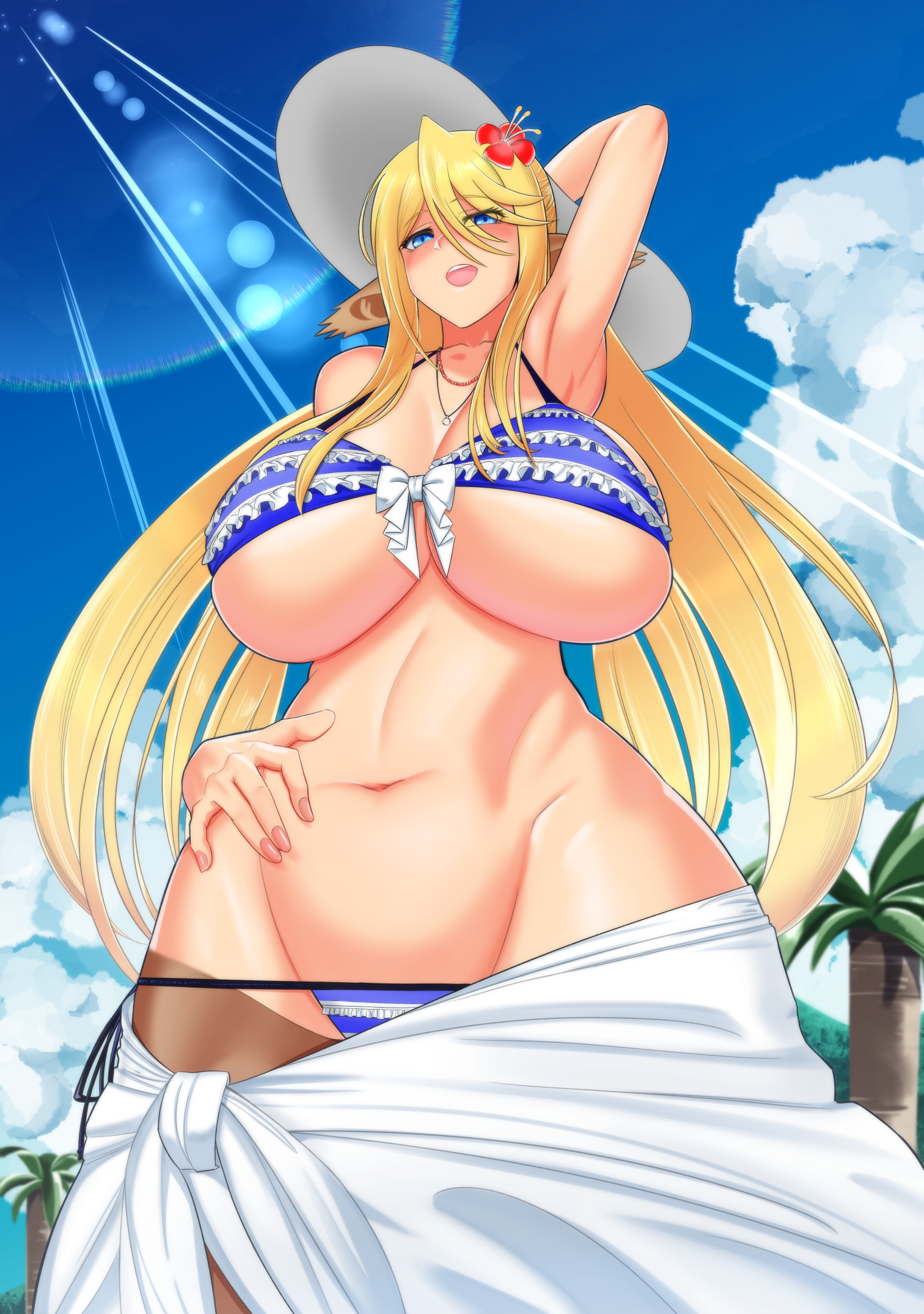 1girls, abs, animal ears, arm up, armpits, belly, big breasts, bikini, blonde hair, breasts, centaur, centauress, centorea shianus, cleavage, female, female only, hand on belly, huge breasts, humanized, imaani, large breasts, monster girl, monster musume no iru nichijou, navel, outdoors, solo, standing, taur, thick thighs, topless, underboob, wide hips