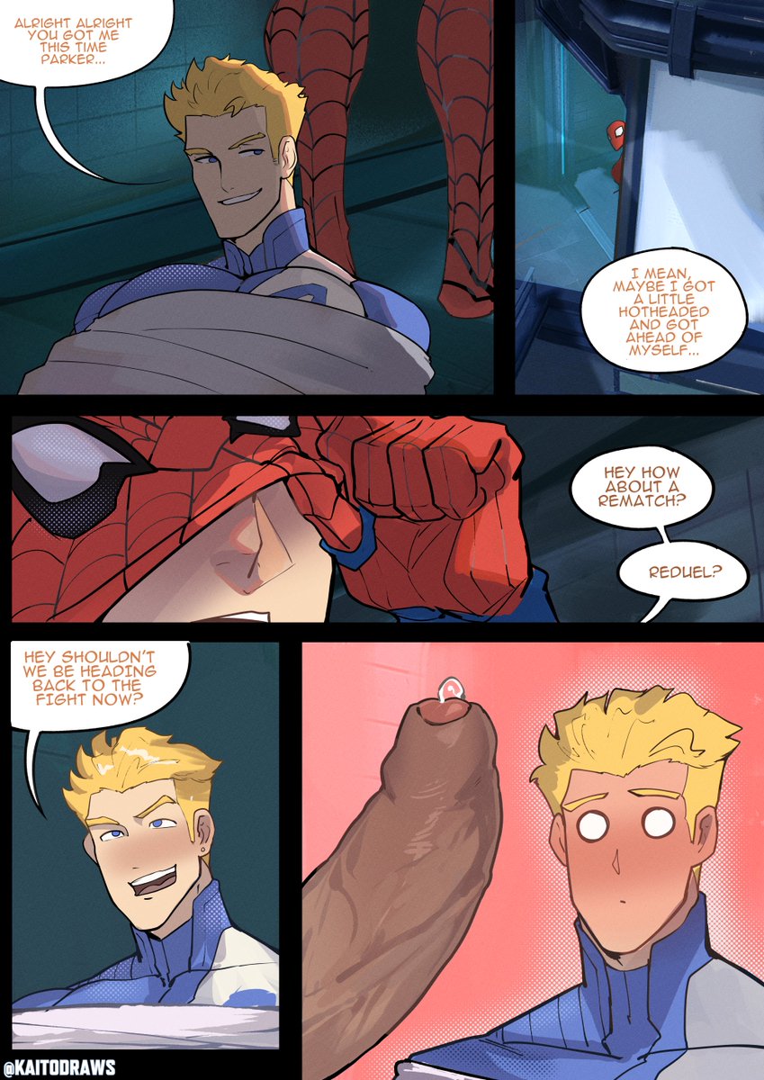 bara, big penis, blonde hair, blue eyes, boner, cock, comic, comic page, cum, dialogue, dick, erection, fantastic four, foreskin, gay, huge cock, human torch, human torch (marvel rivals), johnny storm, kaito draws, male, marvel, marvel comics, marvel rivals, mask, masked, masked male, penis, peter parker, precum, spider-man, spider-man (marvel rivals), thick penis, uncircumcised, uncut, unretracted foreskin, yaoi