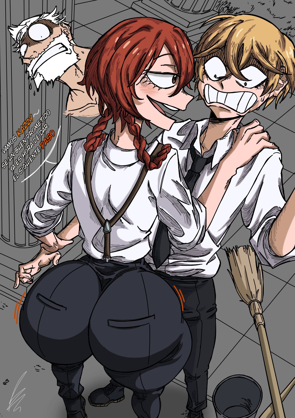 1boy, 1girls, 2025, anime, ass, ass bigger than head, bendraws, big ass, big butt, character, focus, hand, holding, kazao niko, looking at another, perspective, sanda (anime), sanda kazushige, sexy pose, spanish dialogue, spanish text, talking to another, uniform