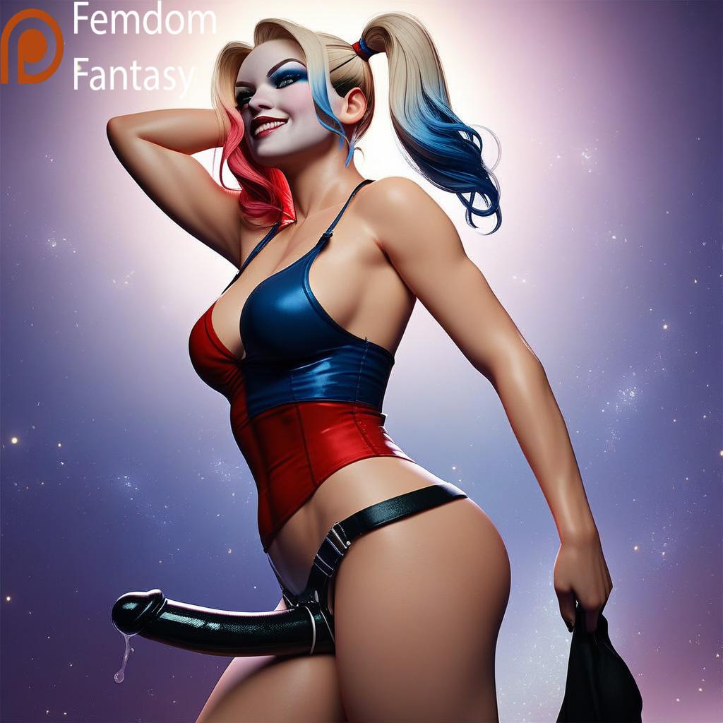 1girls ai_generated bondage dc_comics dominant dominant_female domination dominatrix femdom femdomfantasyai harley_quinn smug_face solo strap-on strapon strapon_dildo