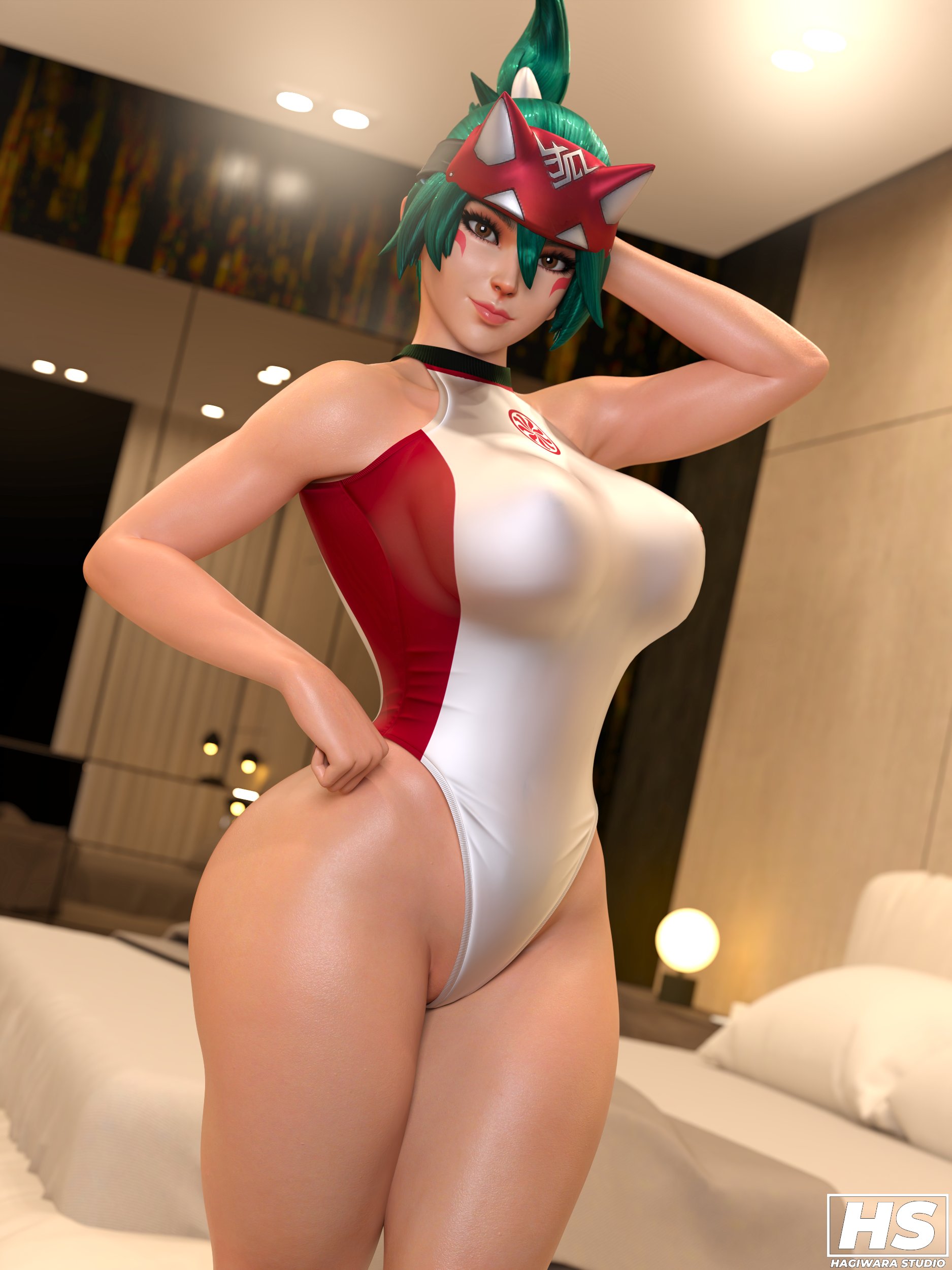 3d, ass, big ass, big breasts, bikini, blizzard entertainment, breasts, dark green hair, face tattoo, female, female only, green hair, hagiwara studio, highres, kiriko (overwatch), kiriko kamori, light skin, light-skinned female, overwatch, overwatch 2, solo, solo female, tagme, thick thighs, wide hips