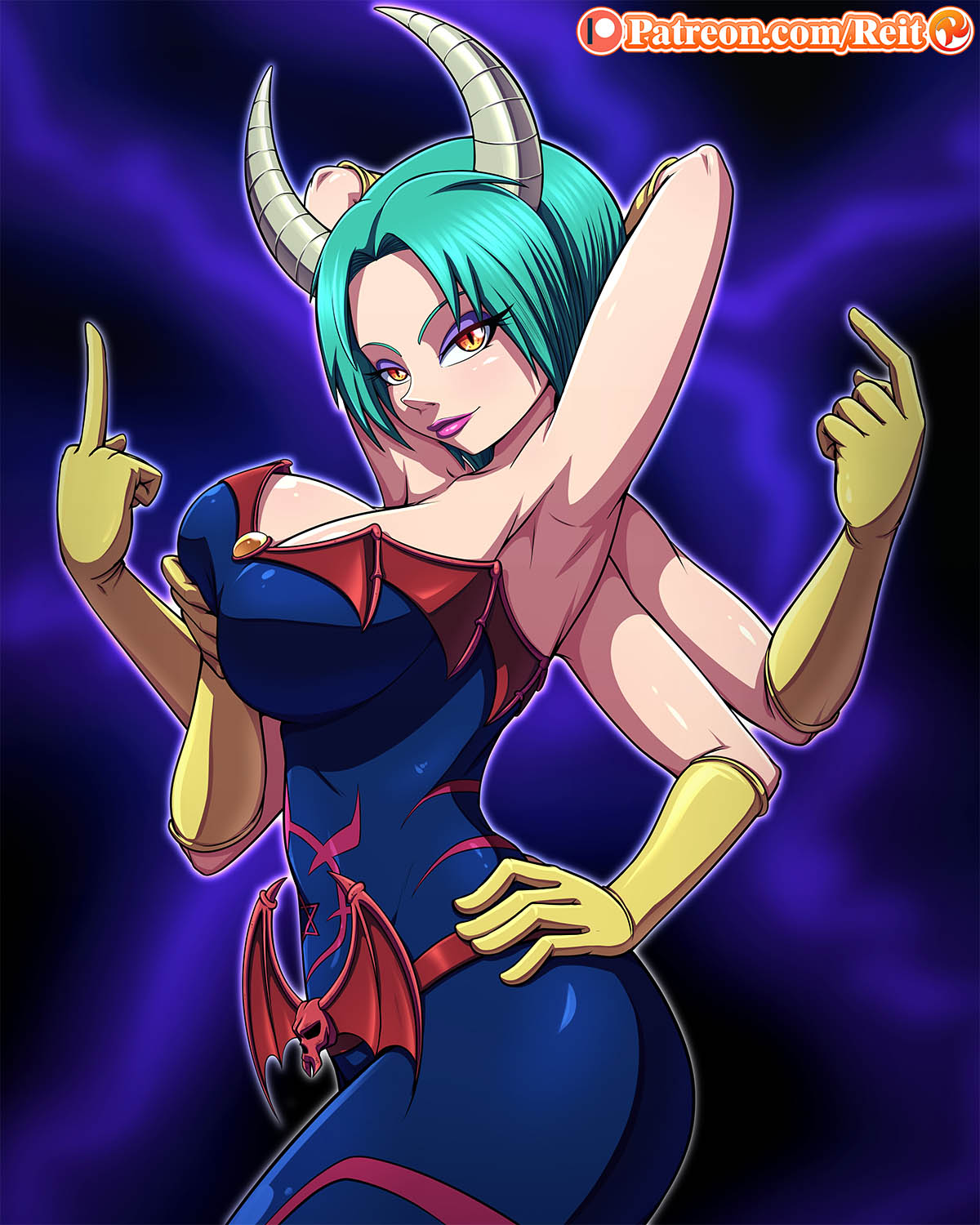 1girls, 6 arms, arms behind head, arms up, big breasts, breasts, curvaceous, duel monster, female, fondling breast, gloves, green hair, horns, konami, looking at viewer, middle finger, multi arm, multi limb, orange eyes, patreon, reit, vishwar randi, wide hips, yu-gi-oh!, yu-gi-oh! duel monsters