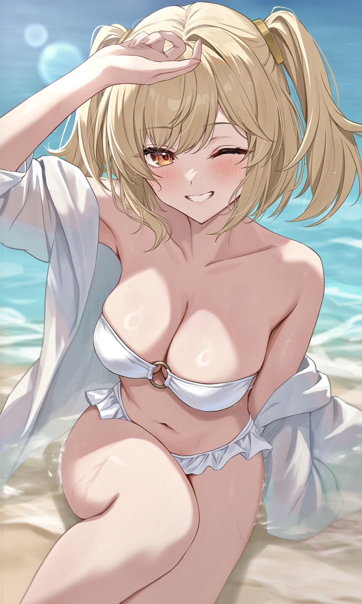1girls, ai generated, beach, belly, big breasts, bikini, blonde hair, breasts, burnice white, busty, cleavage, female, female only, one eye closed, smile, smiling, smiling at viewer, solo, twintails, yukino ai, zenless zone zero