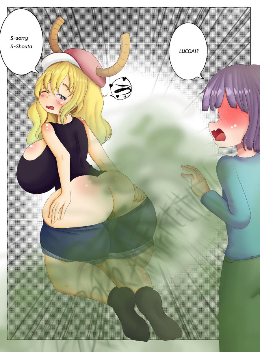 1boy1girl asshole big_ass big_breasts blush embarrassed embarrassed_male fart fart_cloud fart_fetish funlitogc gassychan_(artist) lucoa lucoa_(maidragon) magatsuchi_shouta miss_kobayashi's_dragon_maid shorts_down spreading spreading_ass