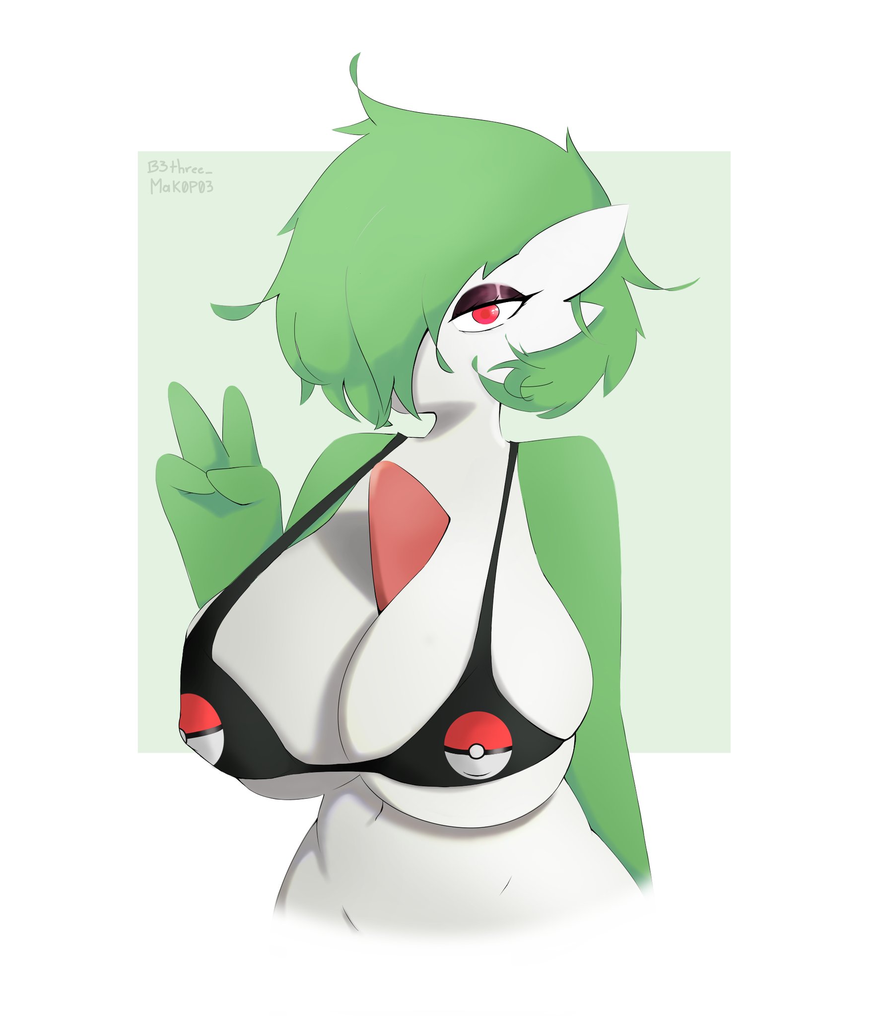 b3three, big breasts, big titties, bikini, breasts, curvaceous, curvaceous female, curvaceous figure, curvy, curvy figure, curvy hips, female, female focus, female only, game freak, gardevoir, green hair, looking at viewer, nintendo, pokemon, pokemon (species), red eyes, white skin