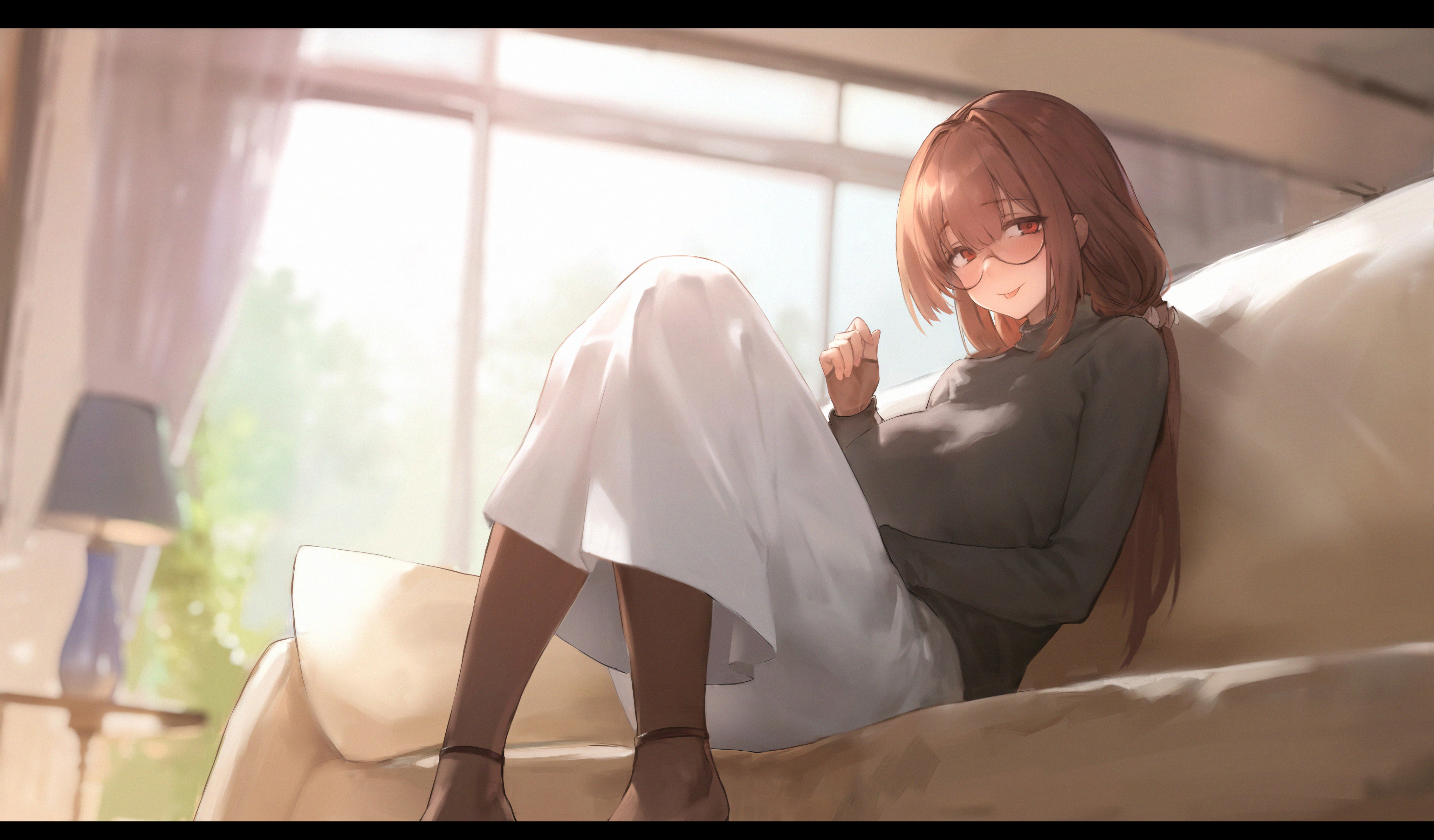artist request, ass, big ass, big boobs, big breasts, big tits, blush, blushing, braid, braided hair, breasts, brown hair, brunette, clothed, clothing, female, glasses, gloves, hi res, huge boobs, huge breasts, huge tits, long skirt, looking at viewer, megane, original, original character, plump, polki, red eyes, skirt, smile, smiling, smiling at viewer, stockings, tagme, thick thighs, thighhighs, thighs, white skirt