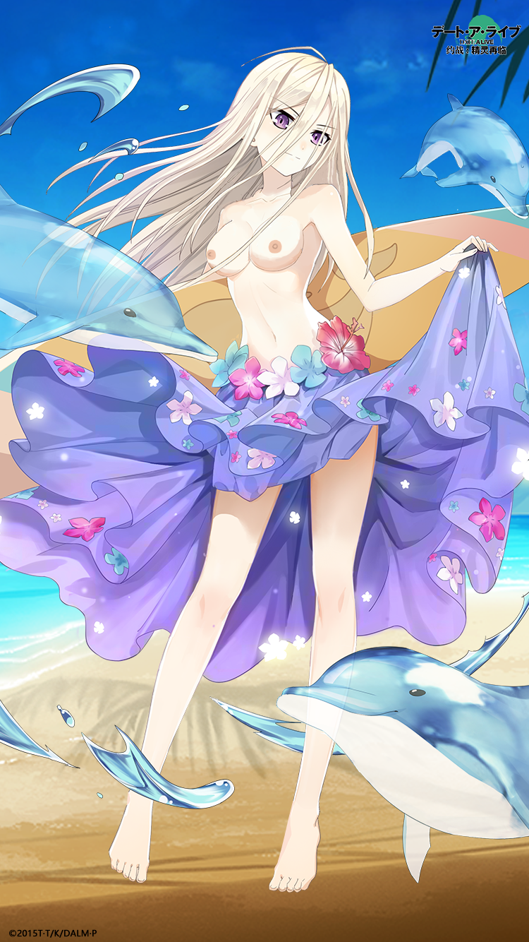 armpits barefoot beach big_breasts blonde blonde_female blonde_hair blonde_hair_female breasts dancing date_a_live dolphin dress_lift ellen_mira_mathers female female_only hips long_hair looking_at_viewer mature_female mature_woman nipples nude_woman purple_eyes slim_waist smile smile_at_viewer split_pupil surfboard tighs topless topless_female tsunako waist woman