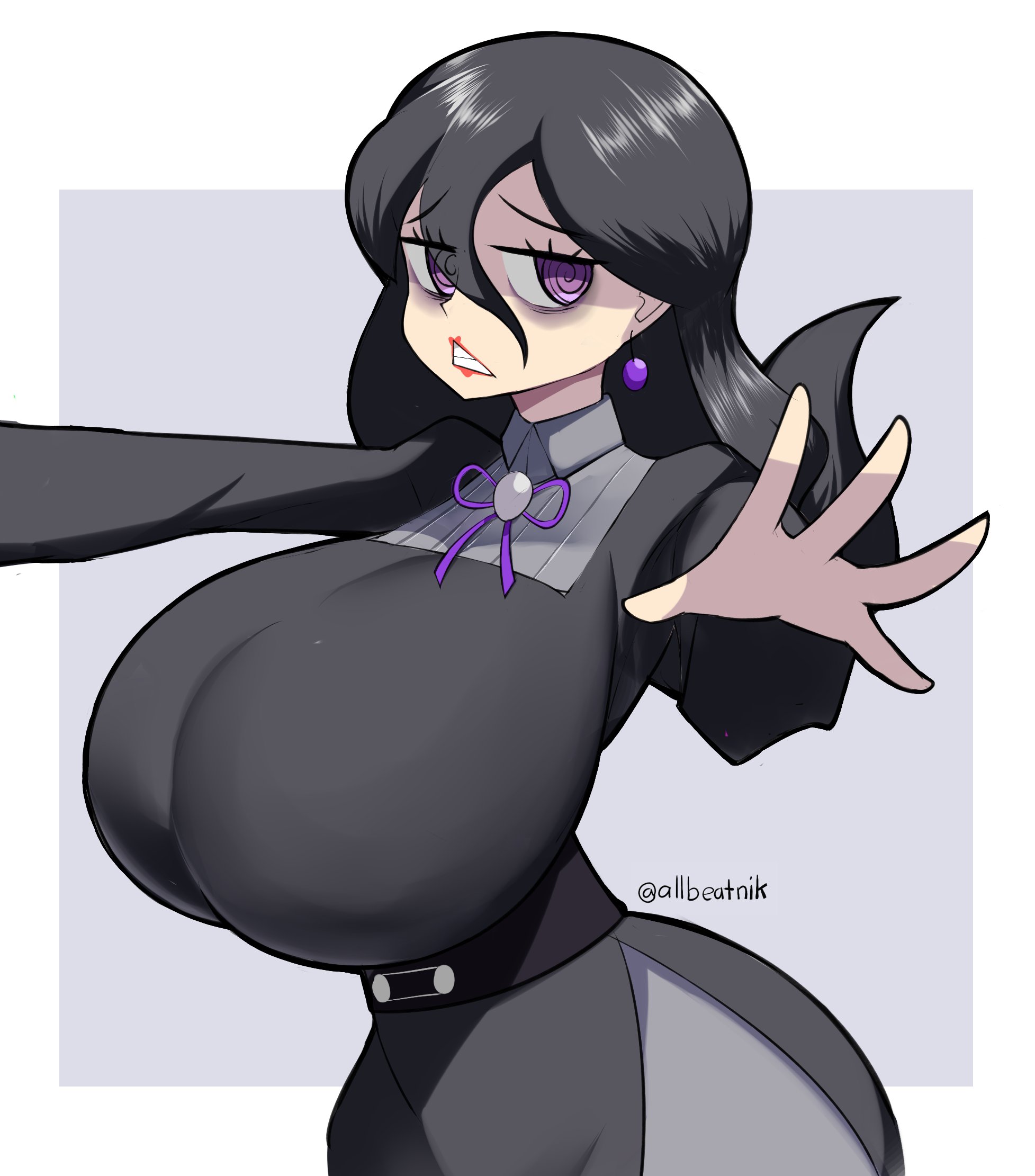 1girls, allbeatnik, big breasts, black dress, black hair, breasts, clothing, dress, ear piercing, earrings, female, female only, game freak, hair, half-closed eyes, hex maniac, hex maniac (pokemon legends: z-a), huge breasts, large breasts, lips, long hair, npc trainer, pokemon, pokemon legends: z-a, purple eyes, solo, solo female, thin waist