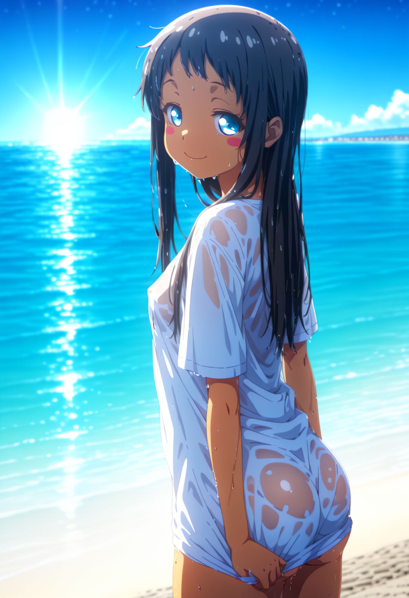 ai_generated ass ass_focus big_ass blue_eyes breasts_out dark-skinned_female kyan_hina long_hair nipples okinawa_de_suki_ni_natta_ko_ga_hougen_sugite_tsurasugiru petite_female school_uniform schoolgirl tiny_breasts wet_clothes wet_shirt