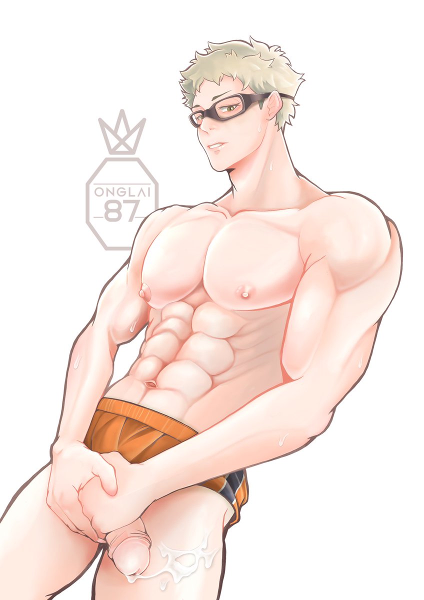 1boy abs blonde_hair blush blush genitals glasses haikyuu!! light-skinned_male light_skin male male_only muscles muscular muscular_male nipples onglai87 pecs pectorals penis pink_nipples solo solo_male teenager tsukishima_kei young younger_male