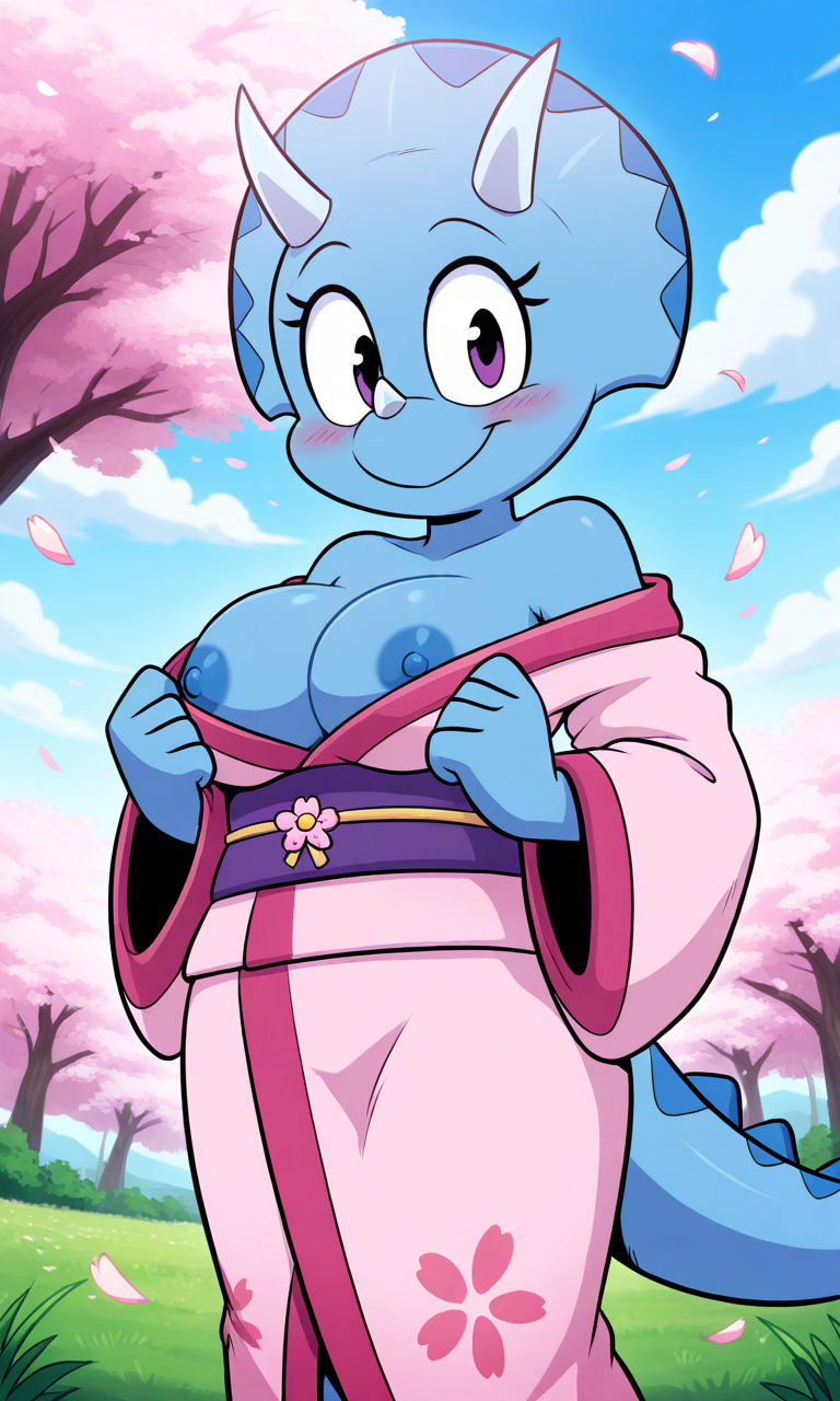 ai_art ai_generated bare_shoulders big big_breasts blue_nipples blush blushing_at_viewer horn horns horns_girl jurassiczalar kimono looking_at_viewer nipples pixai pixel_art presenting presenting_nipple presenting_nipples showing_breasts showing_nipples triceratops trixie_triceratops undressing