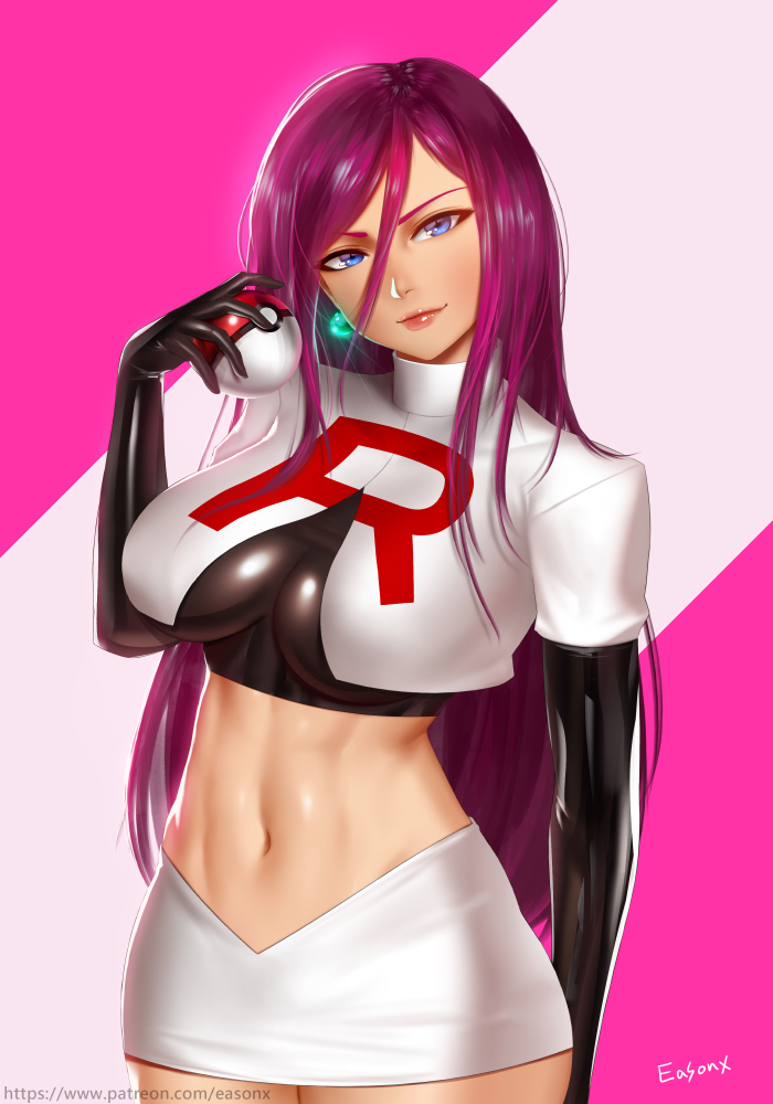 1girls, abs, alternate breast size, alternate costume, alternate hairstyle, artist name, belly, big breasts, black panties, blue eyes, breasts, burgundy hair, cleavage, clothed, clothes, clothing, color, colored, earring, earrings, easonx, elbow gloves, english, english text, eye contact, eyelashes, female, female focus, female only, fit, gloves, hair down, half-closed eyes, head tilt, holding, holding object, human, human only, jessie (pokemon), large breasts, lipstick, long hair, looking at viewer, midriff, navel, nintendo, open eyes, panties, pink background, pink hair, plain background, poke ball, pokeball, pokemon, pokemon rgby, pose, purple hair, red lipstick, revealing clothes, shiny, shiny skin, shirt, skirt, smile, smiling, solo, solo female, source request, standing, stomach, team rocket, text, thick thighs, thong, uncensored, underboob, underwear, url, very long hair, watermark, wide hips