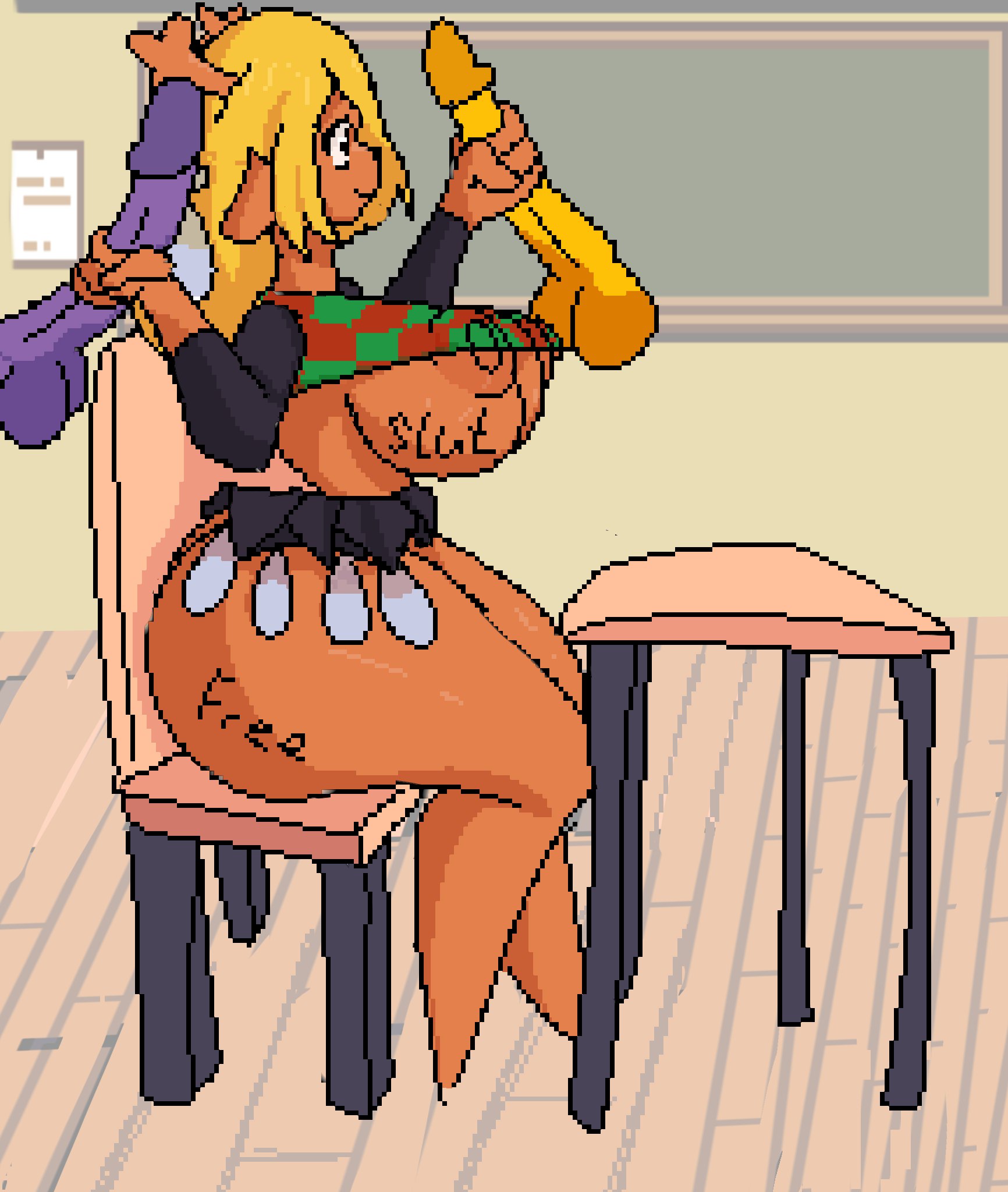 anthro big_ass big_breasts big_penis condom_balloon deltarune free_use futanari huge_ass kris_(deltarune) noelle_holiday pixel_art school slut_tattoo susie_(deltarune) tits_out