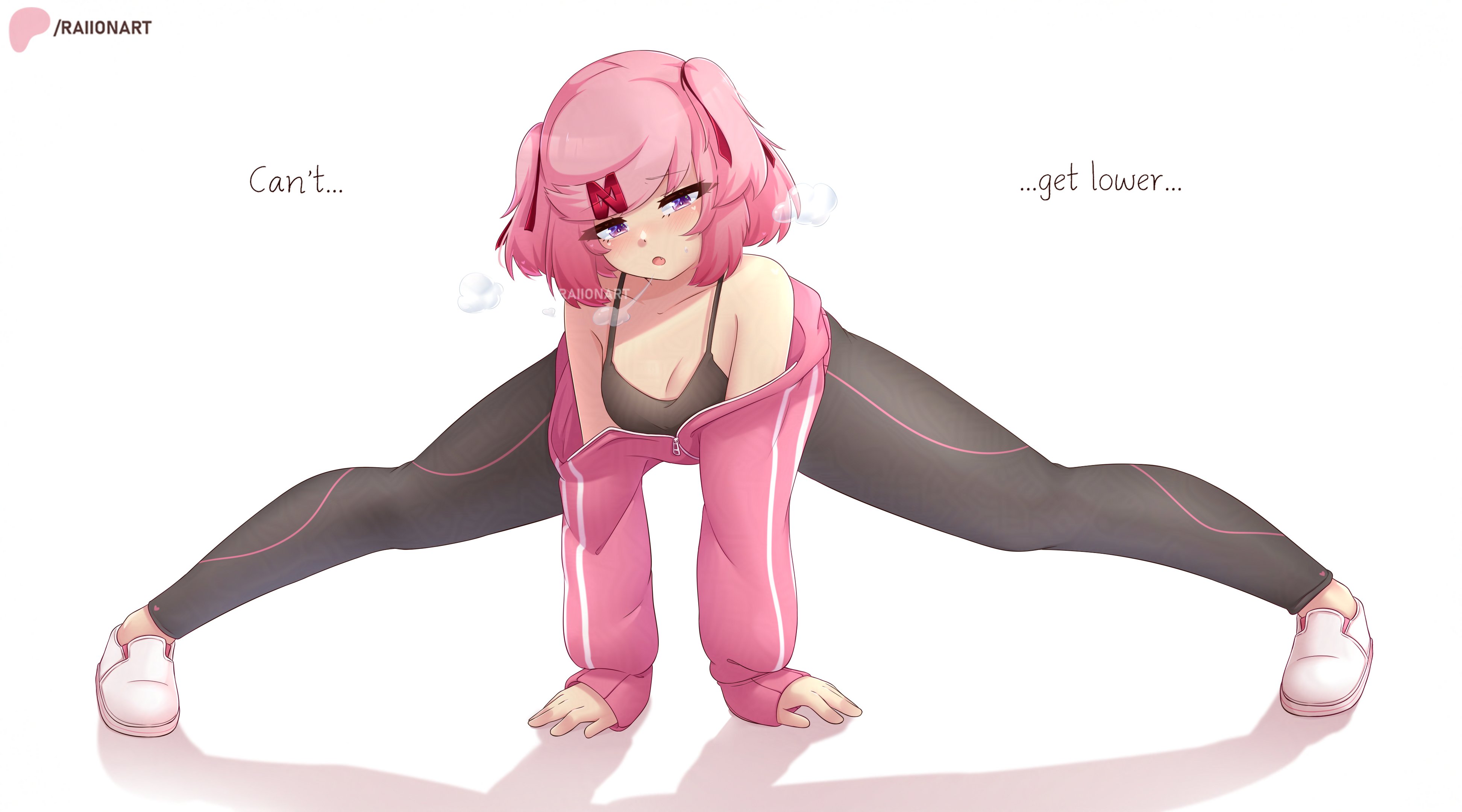 1girls, bending forward, bent over, blush, doki doki literature club, embarrassed, embarrassed female, english text, female, female only, jacket, leggings, looking at viewer, natsuki (doki doki literature club), open jacket, petite, petite body, petite female, pink hair, purple eyes, raionart, short hair, slim waist, solo, sports bra, sportswear, spread legs, teenager, text, thick thighs, track suit, wide hips