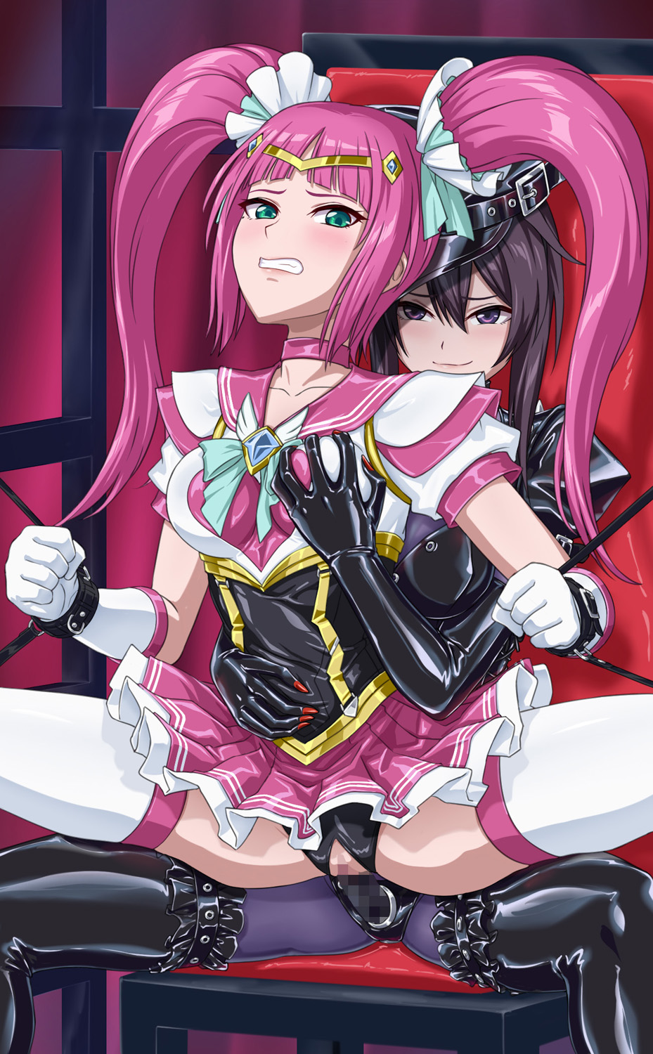 2girls bodysuit bondage brown_hair censored chair choker circlet clenched_teeth dildo frills gloves green_eyes groping hat highres latex latex_bodysuit long_hair magical_girl miniskirt mosaic_censoring multiple_girls original peaked_cap pink_hair purple_eyes ribimura sex_toy shiny_clothes short_hair sitting skirt smirk strap-on teeth thighhighs twintails vaginal_penetration white_gloves yuri