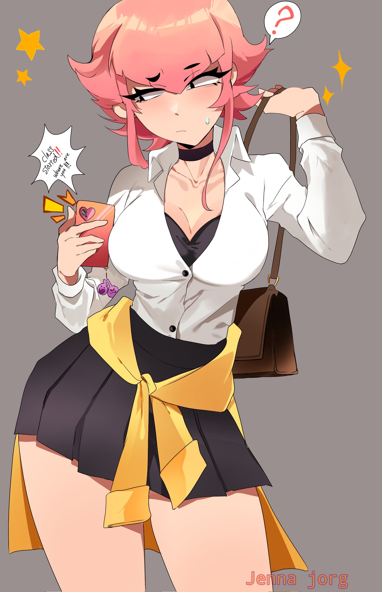 brawl stars, breasts, female, jenna jorg, melodie (brawl stars), pink hair, school uniform, thick thighs
