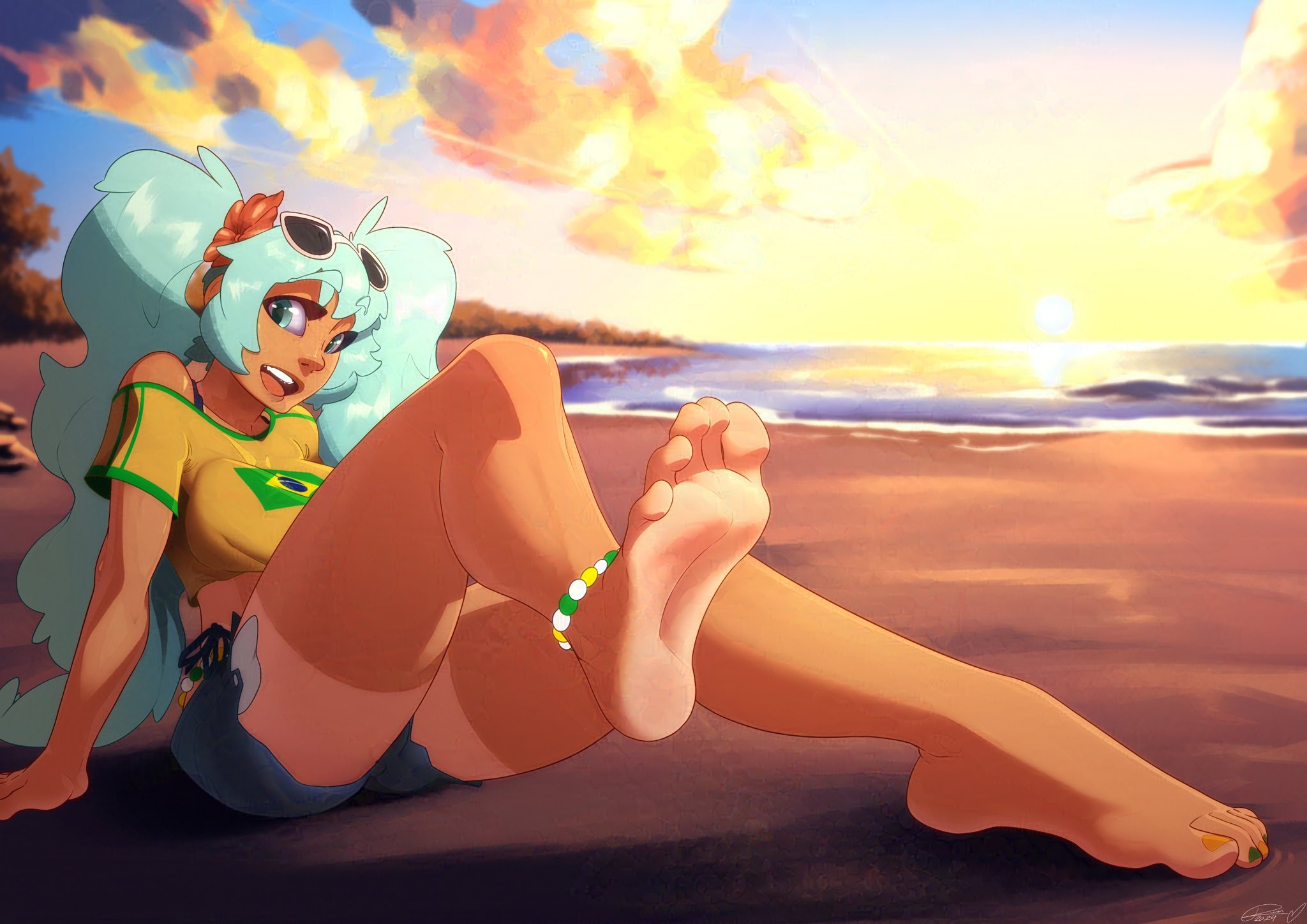 1girl, 1girls, anklet, aqua eyes, aqua hair, aqua nails, ass, barefoot, beach, big ass, big breasts, big thighs, brazil, brazilian, brazilian female, brazilian miku, breasts, crop top, cyan eyes, cyan hair, dark-skinned female, denim, denim shorts, eroren, eyewear on head, feet, feet focus, female, female only, foot fetish, foot focus, green nails, hatsune miku, huge ass, huge breasts, huge thighs, jewelry, latin american hatsune miku (meme), legs, lifted shirt, lifting shirt, long hair, looking at viewer, nail polish, ocean, open mouth, shirt, short shorts, shorts, sitting, smile, soles, solo, sunglasses, sunset, tagme, tan, tan body, tanlines, thick hips, thick thighs, thighs, thong, toenail polish, toenails, toes, twintails, very long hair, vocaloid