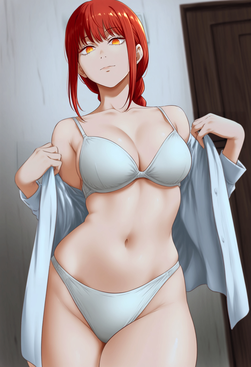 1girls, ai generated, bra, chainsaw man, female, female only, makima (chainsaw man), panties, red hair, solo, underwear, white bra, white panties, white underwear, zloimakak