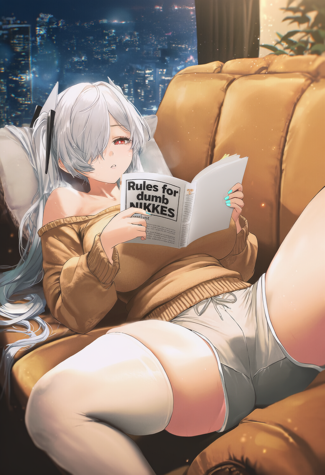 ai generated, book, cinderella (nikke), city, cityscape, confused, dolphin shorts, female, goddess of victory: nikke, hair over one eye, lying, lying on back, nail polish, night, nikke, on couch, reading, red eyes, sweater, thefelix, thighhighs, white hair