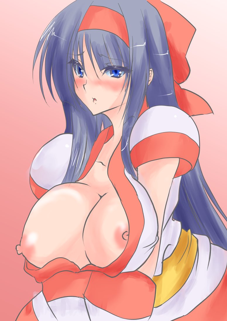 1girls ainu_clothes akenami_yasutaka arms_under_breasts big_breasts blue_eyes blue_hair blush breasts breasts_out busty female female_only hair_ribbon highres king_of_fighters large_breasts leaning_forward long_hair nakoruru nipples parted_lips pose posing ribbon samurai_shodown snk solo very_long_hair voluptuous