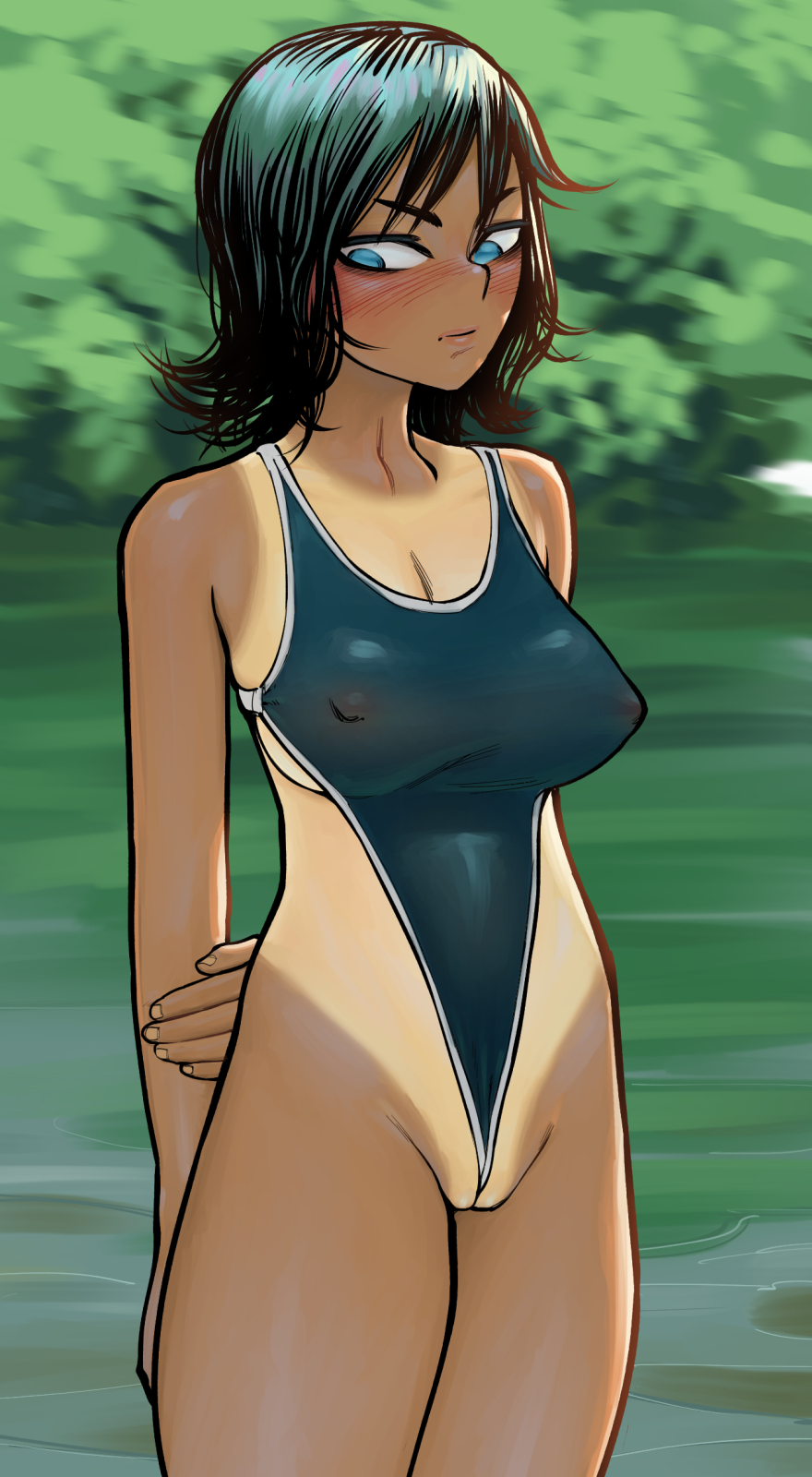 1girls, between labia, black hair, blue eyes, blush, breasts, cleavage, curvy, embarrassed, erect nipples, female, female only, flossing, hair, huge breasts, innie pussy, nipple bulge, nipples, nipples visible through clothing, one-piece swimsuit, pussy, revealing clothes, see-through, see-through swimsuit, short hair, skimpy, skimpy clothes, solo, standing, swimsuit, tan, tan skin, tanline, through clothes, tight clothing, wedgie, zillionaire