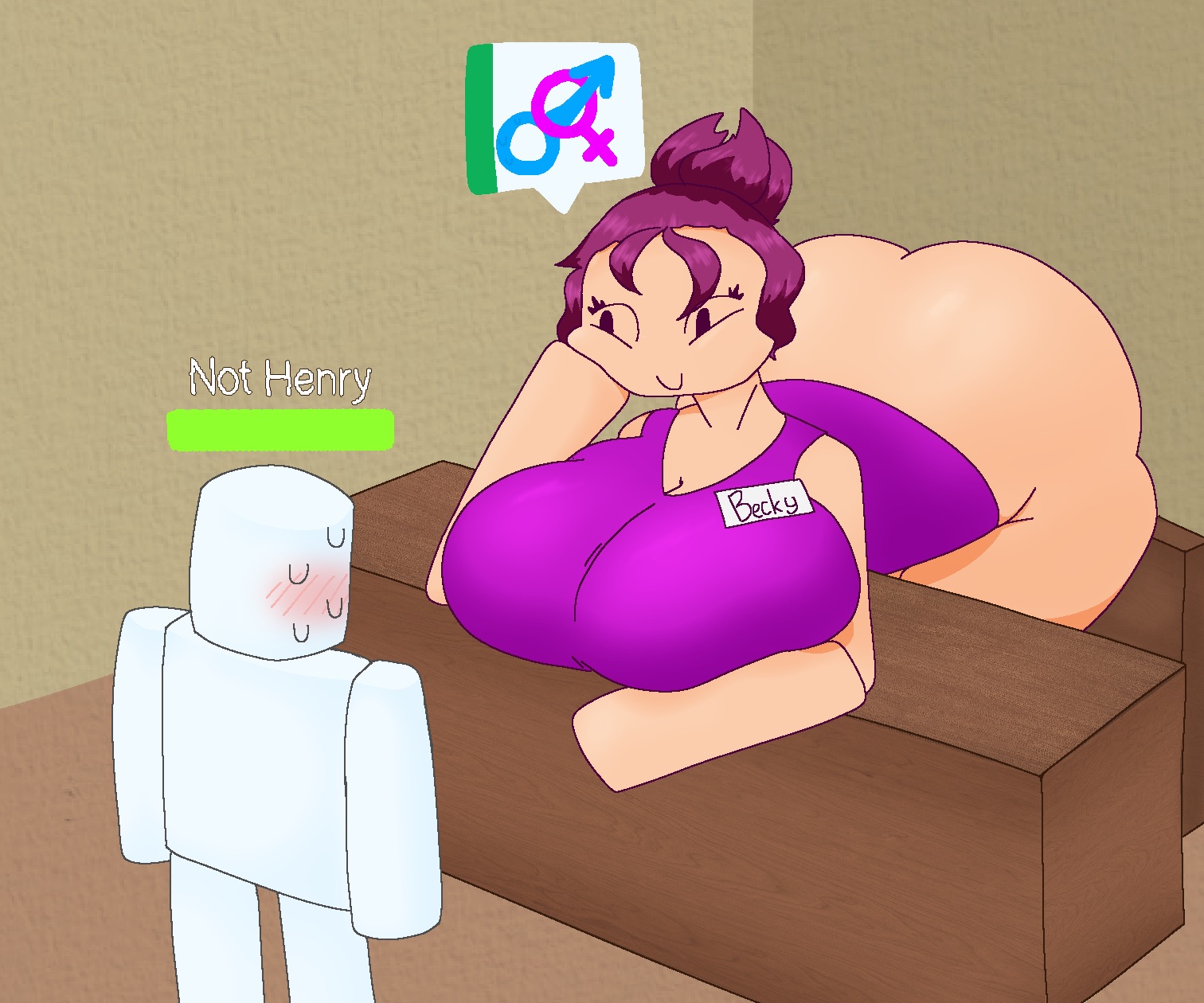 1boy, 1boy1girl, 1girls, ass, ass up, bare ass, becky (roblox adventure), blocky body, blush, bottomless, breasts, chat bubble, commission, desk, evilgaycritter, gender symbol, gender symbol penetration, huge ass, huge breasts, mob face, name tag, not henry, purple hair, purple shirt, roblox, roblox adventure, roblox game, robloxian, smile, thighs