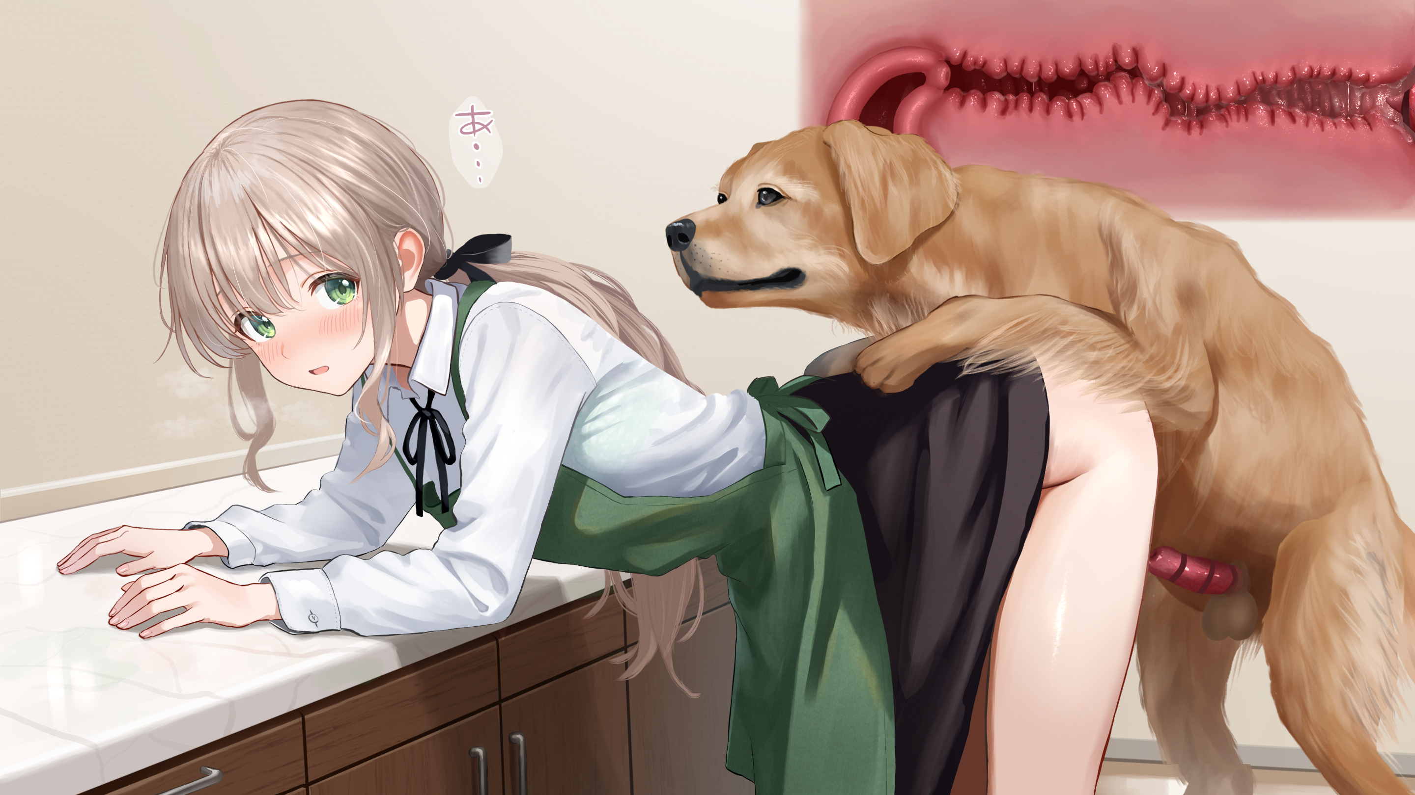 2d, apron, balls, bangs, bent over, canine, canine on human, canine penis, censored, clothing, doggy style, domestic dog, female on feral, feral, feral on female, feral on human, golden retriever, green eyes, grey hair, human, human female, human on feral, imminent bestiality, imminent penetration, imminent sex, internal view, interspecies, original, original character, pale skin, pale-skinned female, ponytail, presenting, presenting hindquarters, rojiura10, skirt, skirt up, small breasts, uterus, x-ray, zoophilia