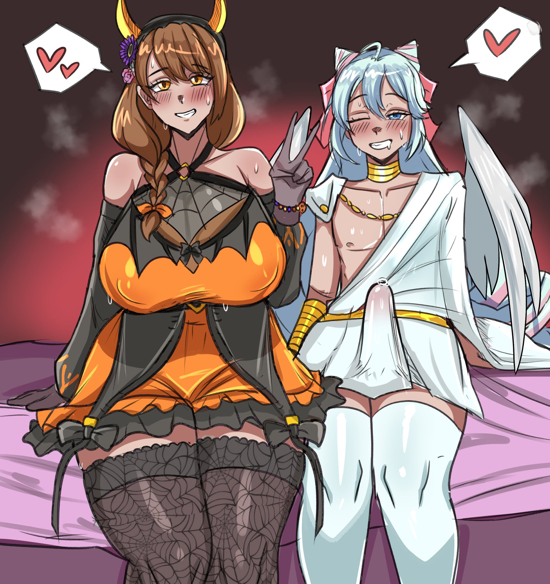 1boy, 1girls, bed, big breasts, breasts, bulge, bulge through clothing, cock, erection under clothes, erection under skirt, femboy, femboy on female, fire emblem, fire emblem engage, fire emblem heroes, goldmary (fire emblem), grayside, halloween, halloween costume, highres, huge breasts, huge cock, large breasts, long hair, peace sign, penis under clothes, penis under skirt, rosado (fire emblem), sitting, tenting, thick thighs, wide hips