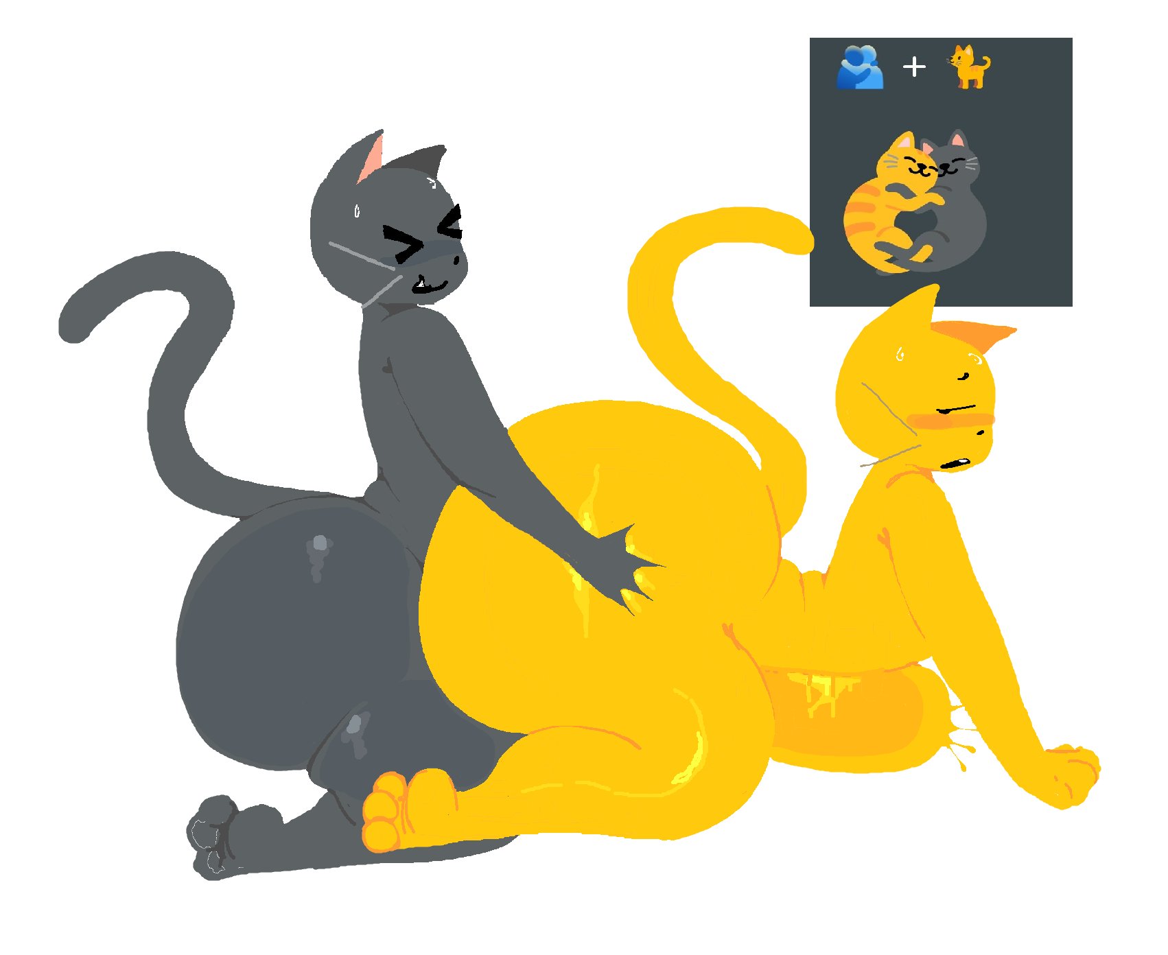 > <, 2boys, abdominal bulge, anal, anal penetration, anal sex, anthro, ass, big ass, big butt, big penis, blush, cat emoji, doggy style, domestic cat, duo, emoji (race), eyes closed, felid, feline, from behind, gay sex, grey body, grey fur, hand on ass, huge ass, huge butt, male, male only, male penetrated, male penetrating, male/male, naked, naked male, nude, nude male, open mouth, penetration, penile, penile penetration, penis, sex, side view, sweat, sweatdrop, tail, thick thighs, toumie (artist), white background, yellow body, yellow fur
