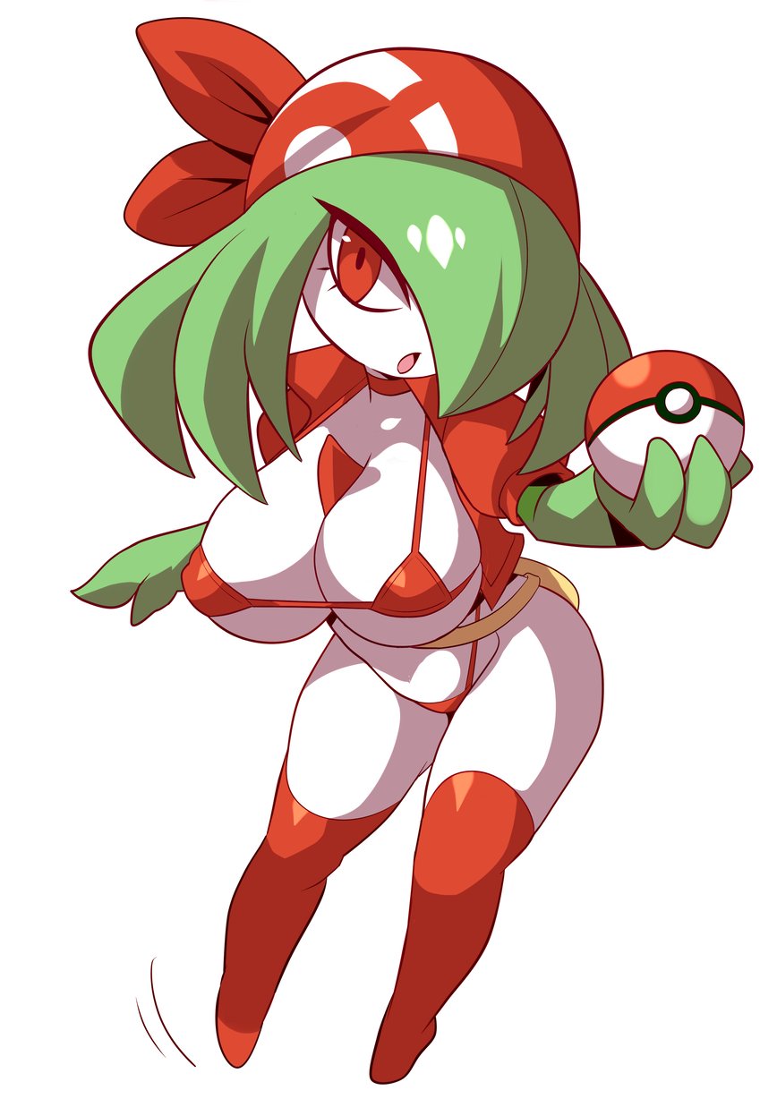 anime style, big breasts, bra, breasts, cleavage, clothing, cosplay, female, female only, kirlia, konno tohiro, large breasts, looking at viewer, may (pokemon) (cosplay), nintendo, panties, pokémon (species), pokemon, pokemon (species), solo, thighhighs