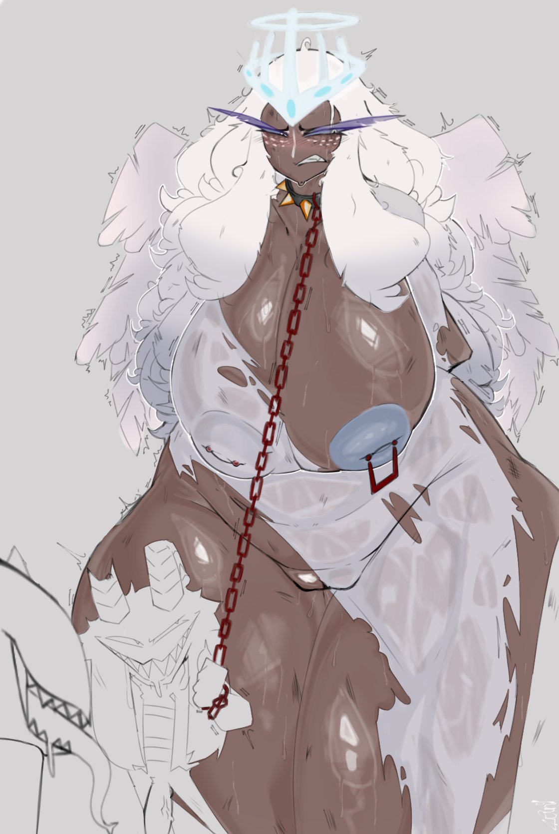 004pung400, 1girls, 2boys, angel, angel wings, big ass, big breasts, big butt, bigger female, blush, boobs, boots, breasts, chains, demon, female, gray background, hazbin hotel, hurt, male, monster, nipples, rape slave, sera (hazbin hotel), shy, size difference, smaller male, thick, thick ass, wet, wet body, wet clothes, white hair, wings
