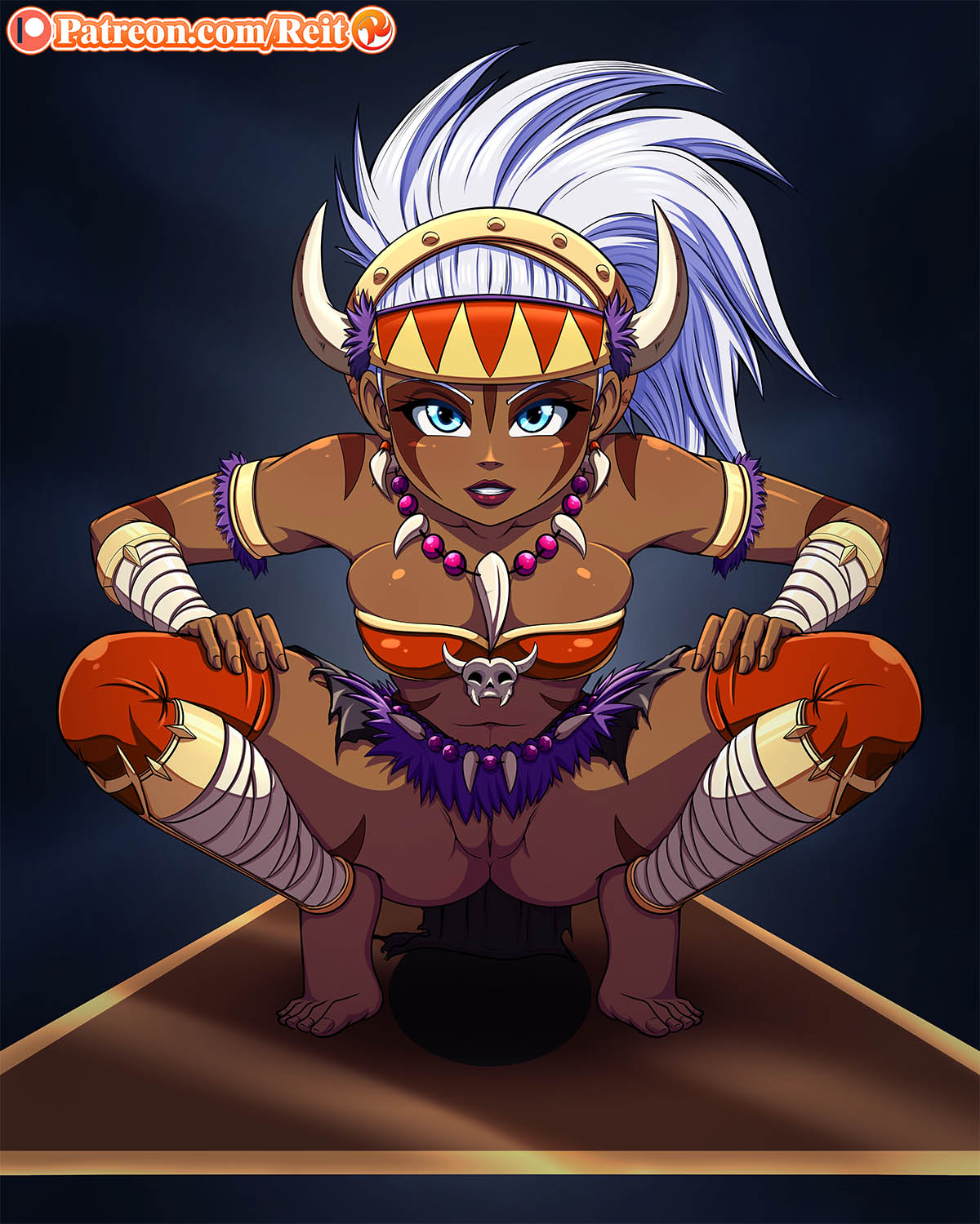 1girls amazoness amazoness_(archtype) amazoness_(yu-gi-oh) amazoness_princess background bandage bandaged_arm bandaged_leg blue_eyes card collar dark-skinned_female dark_skin duel_monster female female_only innie_pussy lipstick looking_at_viewer necklace open_legs patreon princess pussy reit royalty smile solo toes white_hair yu-gi-oh!