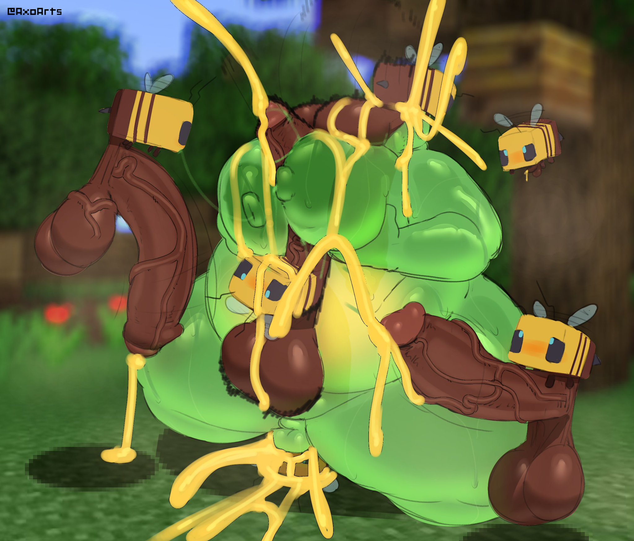 2d (artwork), anal penetration, antennae (anatomy), areolae, axoarts, balls bigger than body, bee, bee (minecraft), bee sting, boobjob, colored cum, cum, cum drip, cum splatter, cumshot, fat, fat male, fellatio, feral, forest, green skin, honey, honey cum, insect, lemon (pastelitikiwi), male, male breasts, male only, massive balls, massive penis, microballs, micropenis, microsoft, minecraft, mojang, multiple boys, nipples, oral penetration, orgy, penis bigger than body, penis size difference, slime (minecraft), stuffed belly, tagme, thick thighs, veiny balls, veiny penis, wings