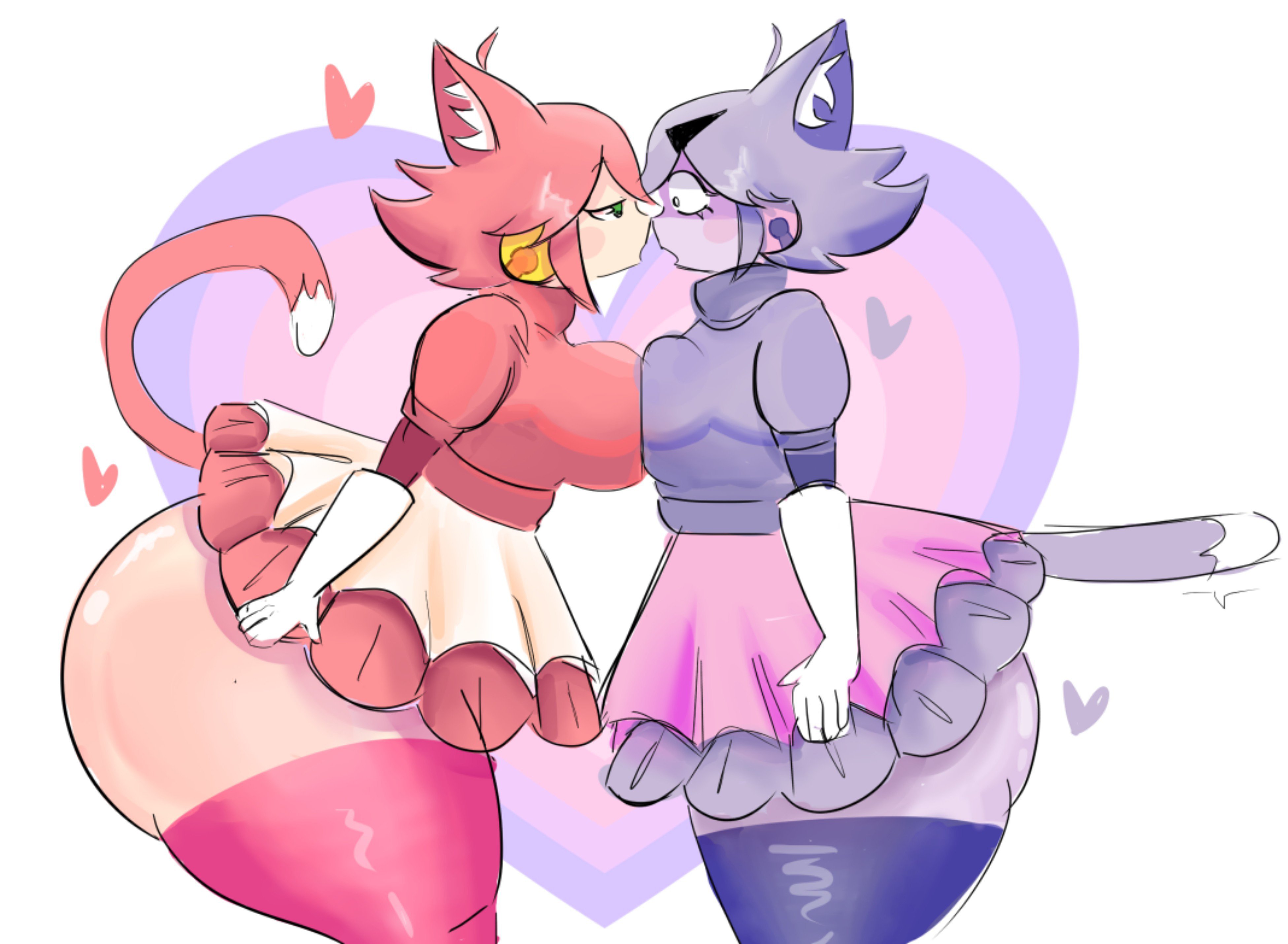 2d, 2d (artwork), 2girls, big ass, big breasts, bottom heavy, cat ears, catgirl, color, deltarune, green eyes, huge ass, huge breasts, huge thighs, hyper ass, hyper thighs, irritable ghost (deltarune), mad mew mew, pink (deltarune), pink hair, tagme, tagme (artist), thick thighs, thighs, tights, trans woman, transgender, transgender woman, video game character, video games, wide hips, yuri
