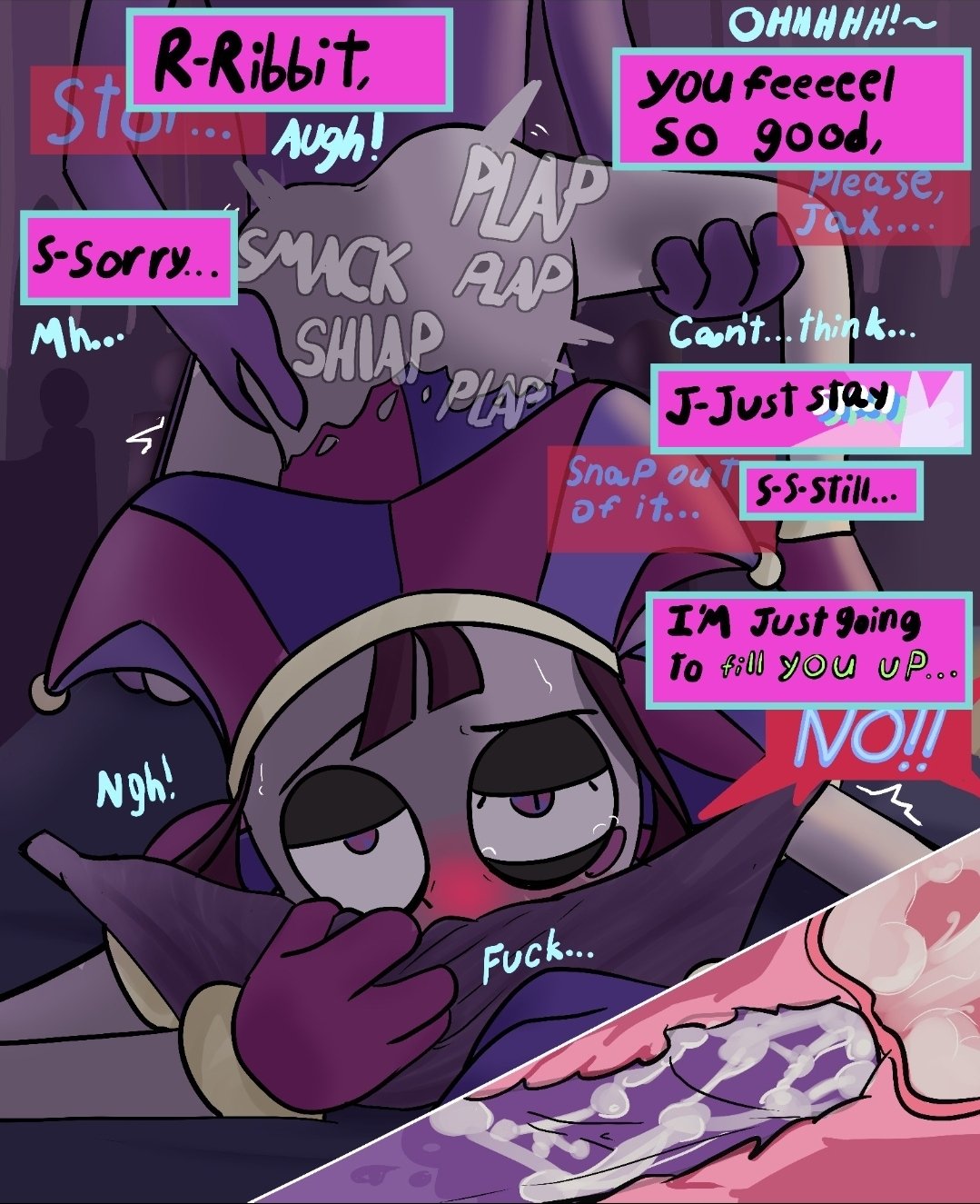 1boy, 1boy1girl, 1girl, anthro, blushing, cum, cum in pussy, cum inside, female, holding leg, jax (the amazing digital circus), jester, male, male/female, penis, pomni (the amazing digital circus), rabbit, rape, raped female, straight, the amazing digital circus, thinking of someone else