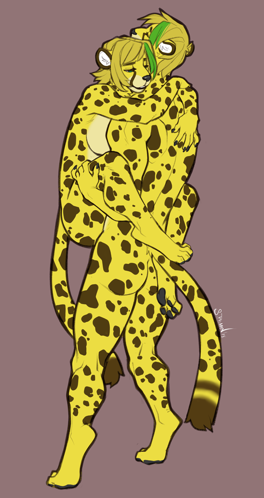 2018 anthro breasts cheetah duo faint_(artist) feline female fur grey_background leg_wrap male mammal nude pawpads selfcest sex sideboob simple_background spots spotted_fur square_crossover stand_and_carry_position standing straight tiptoes