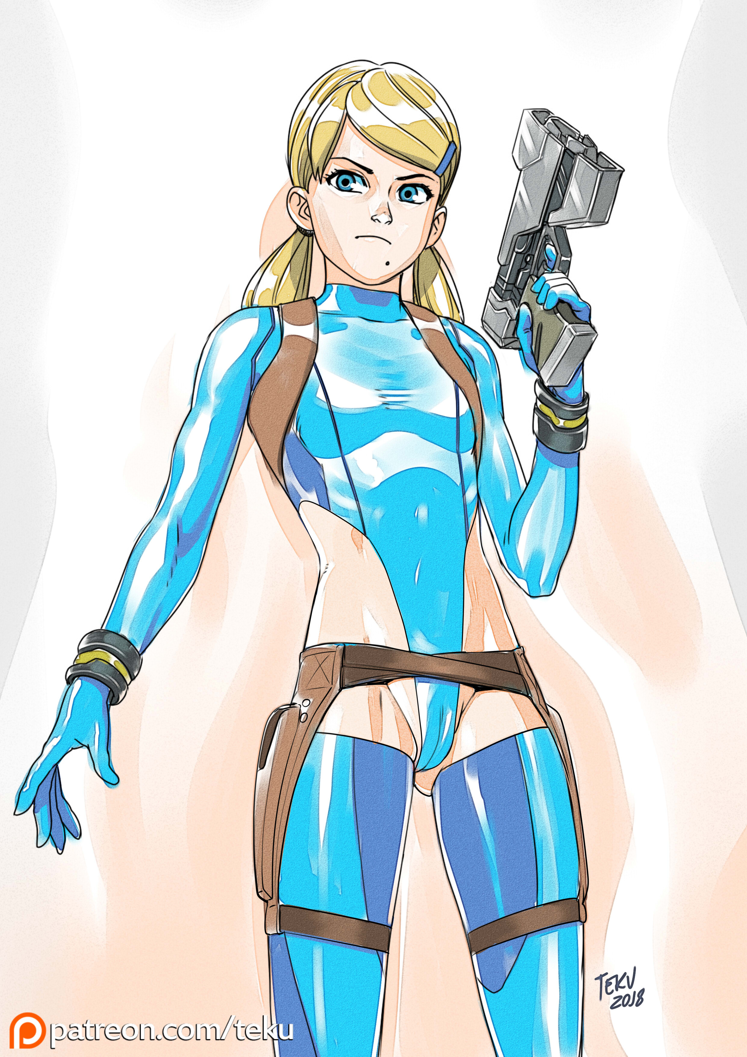 1girls, aged down, alternate hairstyle, blonde hair, blue eyes, bodysuit, cameltoe, cosplay, female, female only, fully clothed, gun, leotard, looking at viewer, metroid, mole under mouth, nintendo, petite, pussy, revealing clothes, samus aran, shiny clothes, slim, solo, standing, stockings, teenager, tekuho, tight clothing, twintails, weapon, zero suit, zero suit samus