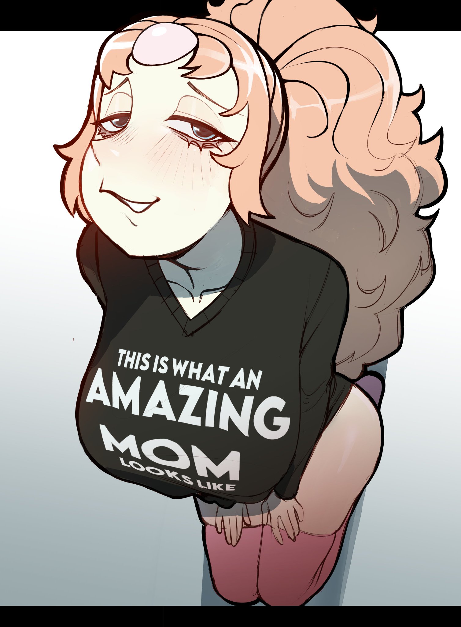before oral, blonde hair, blush, blushing, clothed, clothing, eyelashes, hands on thighs, large breasts, looking at viewer, meme, meme reference, on knees, partially clothed, pearl (steven universe), ponytail, smile, smiling, steven universe, stockings, thick thighs, thighhighs, this is what an amazing mom looks like, zamoshvik