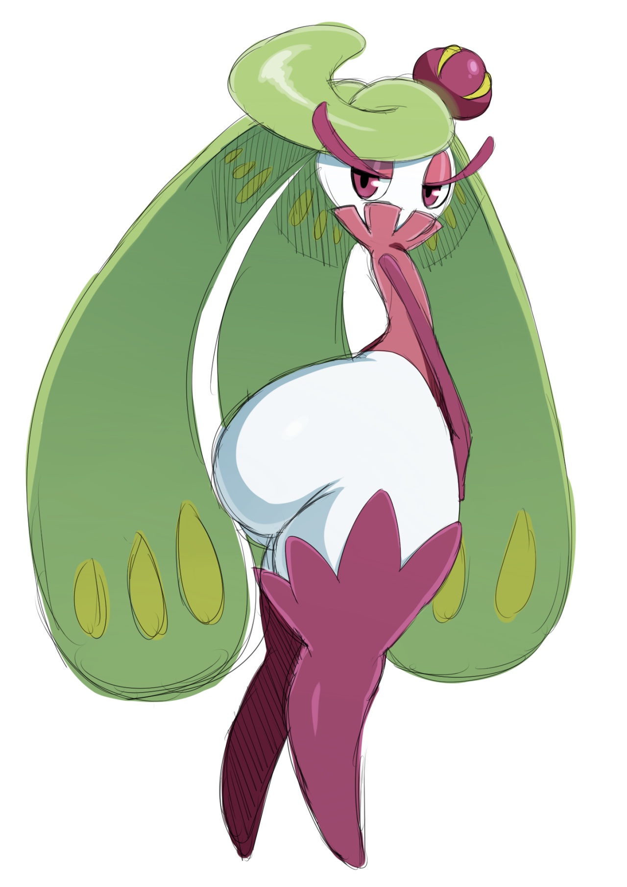 1girls, ass, breasts, busty, eyelashes, female, female only, flat chest, green hair, half-closed eyes, huge ass, long hair, looking at viewer, looking back, nintendo, no humans, plant, pokemon, pokemon sm, purple eyes, sketch, solo, sssonic2, standing, thick thighs, thighhighs, tsareena, white background, white skin, wide hips