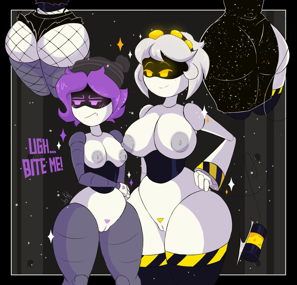 2girls, annoyed, ass, beanie, big breasts, embarrassed, female, female only, kayl, looking away, murder drones, purple eyes, purple hair, reupload, robot, short hair, silver hair, small breasts, thick ass, thick thighs, uzi (murder drones), v (murder drones), yellow eyes