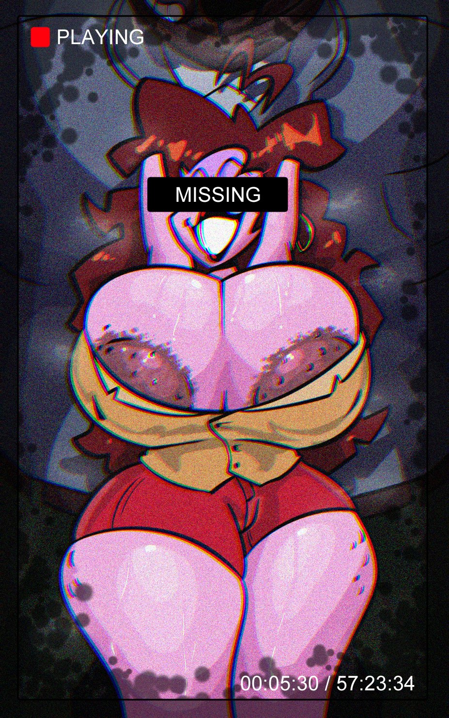 algob4v, areola, areola slip, areolae, areolae slip, arms behind head, bav, behind, behind another, big areola, big areolae, big breasts, bigger male, black bars, boerd (algob4v), breasts, breasts bigger than head, bumpy areola, censored eyes, cheating, earrings, fat, fat male, friday night funkin, hands behind head, long hair, long hair female, looking at viewer, mask, masked, massive breasts, milf, missing poster, mommy, mommy mearest, mother, netorare, ntr, purple skin, recording, recording on phone, recording video, red eyes, red hair, red lipstick, shorts, smile, smiling, smiling at viewer, sweat, sweating, sweaty, sweaty body, thick thighs, timer, unaware