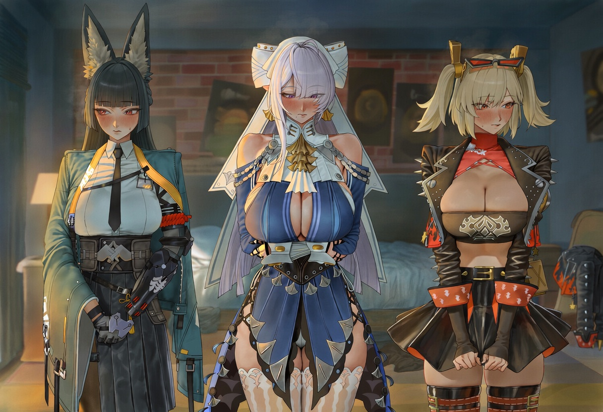 3girls, 4p, aged up, ai generated, anime coloring, bedroom, burnice white, curvy, female, female only, foursome, group sex, hoshimi miyabi, indoors, mature, mature female, stickyai, thick, thick ass, velina (zenless zone zero), velina airgid, zenless zone zero