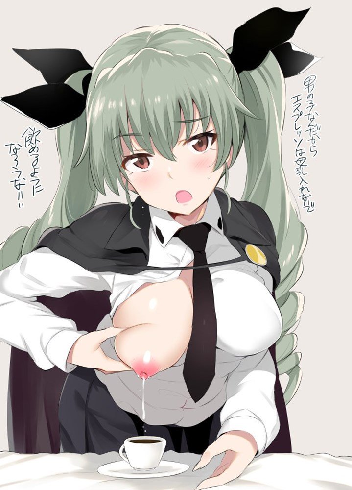 anchovy (girls und panzer), areolae, black tie, blush, breast grab, breast squeeze, breasts, cup, exposed breasts, female, girls und panzer, green hair, lactation, looking at viewer, milk, mostly clothed, nipples, tagme, teacup, text, translation request, white shirt