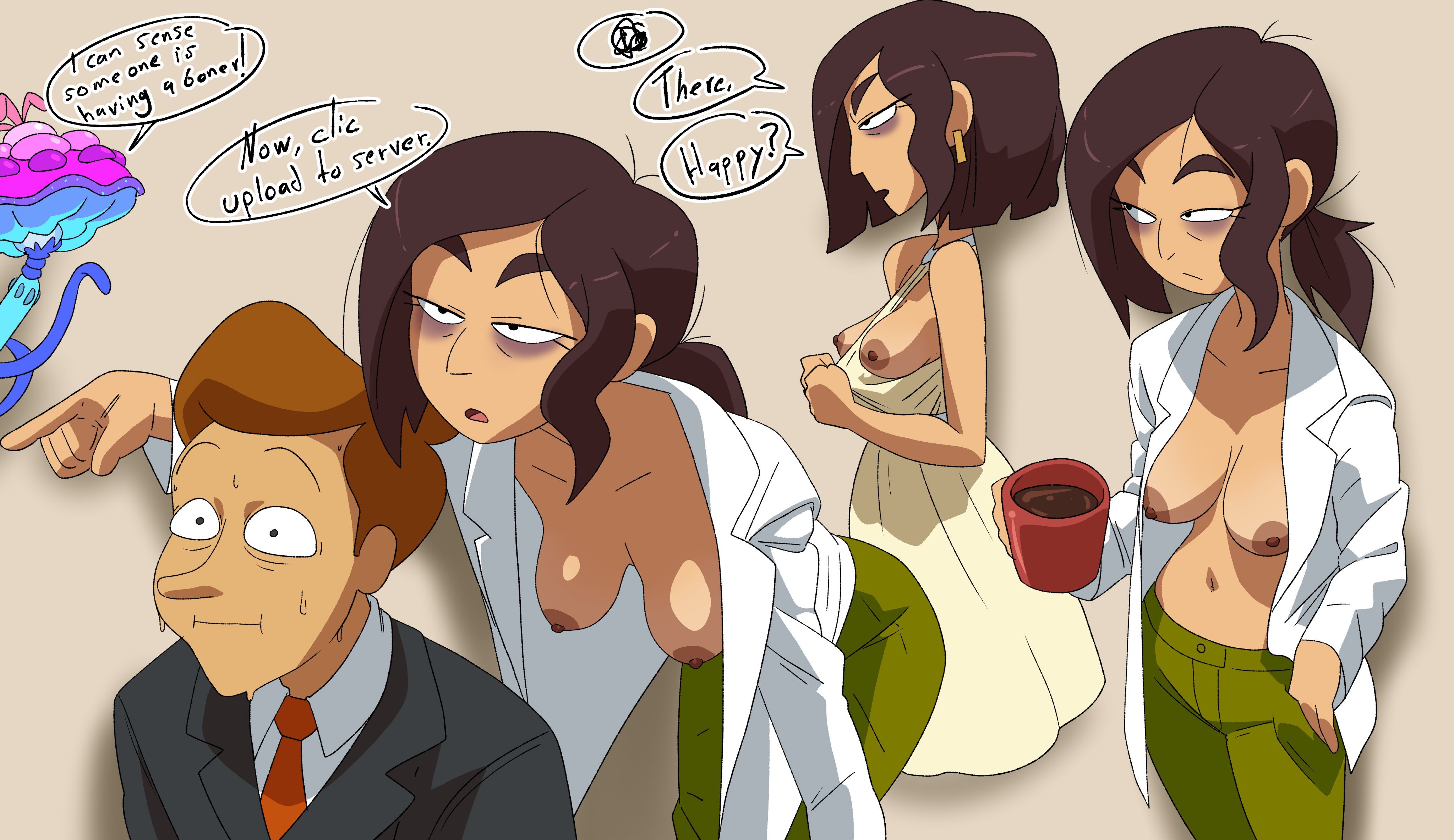 1boy, 1girl, 1girls, black eyes, boobs, brown hair, cancelled series, clothing, commission, dark hair, english, english text, eyebags, female, green pants, human, inker comics, inside job, male, mature female, medium breasts, nipples, pubic hair, pulling panties, reagan ridley, simple background, small tits, tan skin, tan-skinned female, text, topless