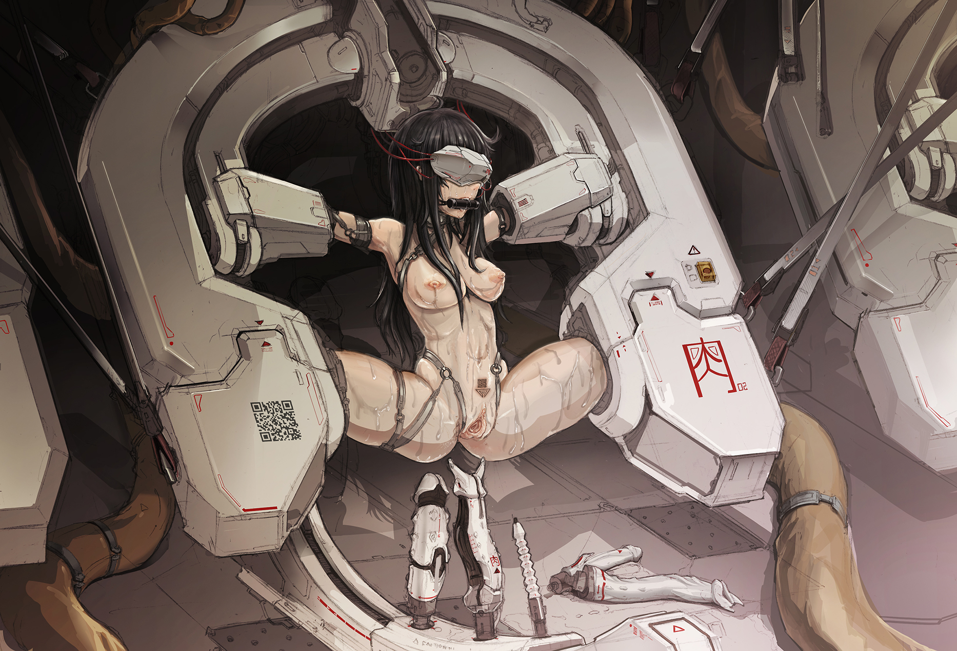 1girls, arm cuffs, armpits, arms up, bangs, bit gag, black hair, bodily fluids, bondage, bondage tubes, bound, bound arms, bound legs, brainwashing, broken rape victim, censored, completely nude, crying, dildo, drawing, drawing on body, drool, drooling, female, female focus, female only, fucking machine, gag, gagged, harness, imminent penetration, insertion, legs apart, legs held open, legs spread, legs up, long hair, machine, machine bondage, mechanical, mechanical fixation, metal bondage, naked, nude, nude female, open mouth, orgasm factory, original, plusminus restrained, purple eyes, pussy, qr code, qr code tattoo, restrained, sex machine, sex toy, spread legs, spreading, stationary restraints, suspension, sweat, sweatdrop, sweating, sweaty, tears, trainerjet, very long hair, visor, writing, writing on body, writing on skin
