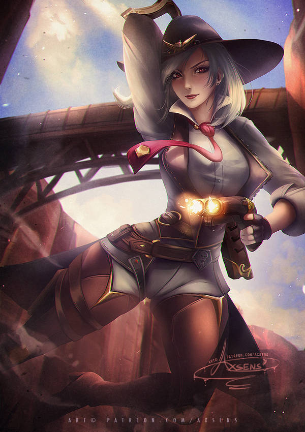 1girls, 2d, ashe (overwatch), axsens, blizzard entertainment, breasts, clothed, clothing, cowboy hat, female, female only, fingerless gloves, fully clothed, gloves, hat, human, medium breasts, outdoors, overwatch, pose, solo, thick thighs, tie, weapon, white hair