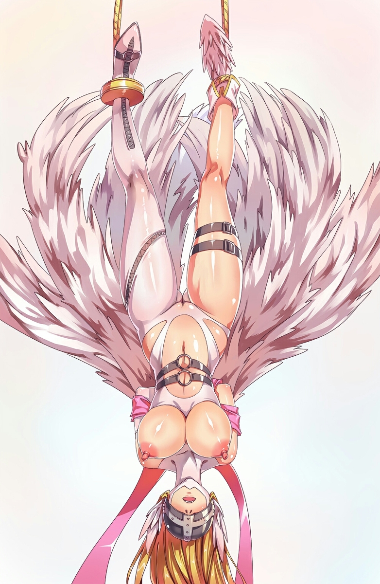 1girls 8_wings angel angel_wings angewomon areolae blonde_hair bondage breasts breasts_out cameltoe digimon digimon_(species) digimon_adventure feather_earrings feathers female female_only large_breasts leggings long_hair mask nipples rope shinkaui shiny_skin solo thick_thighs thighhighs thighs upside-down white_background wings