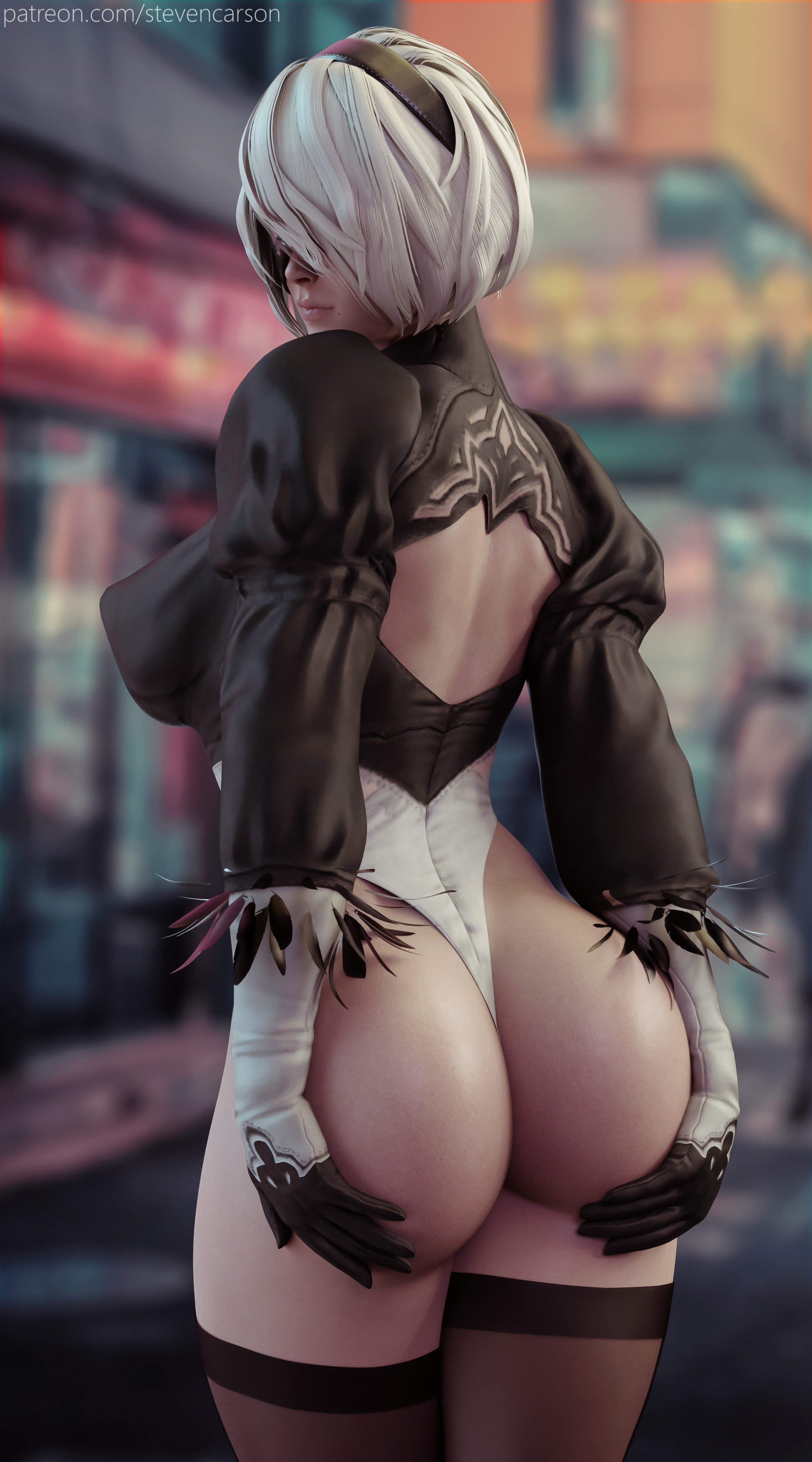 1girls, 3d, absurdres, ass, ass focus, female, female only, highres, leotard, looking back, nier, nier (series), nier: automata, short hair, solo, solo female, square enix, stevencarson, thighhighs, white hair, yorha 2b